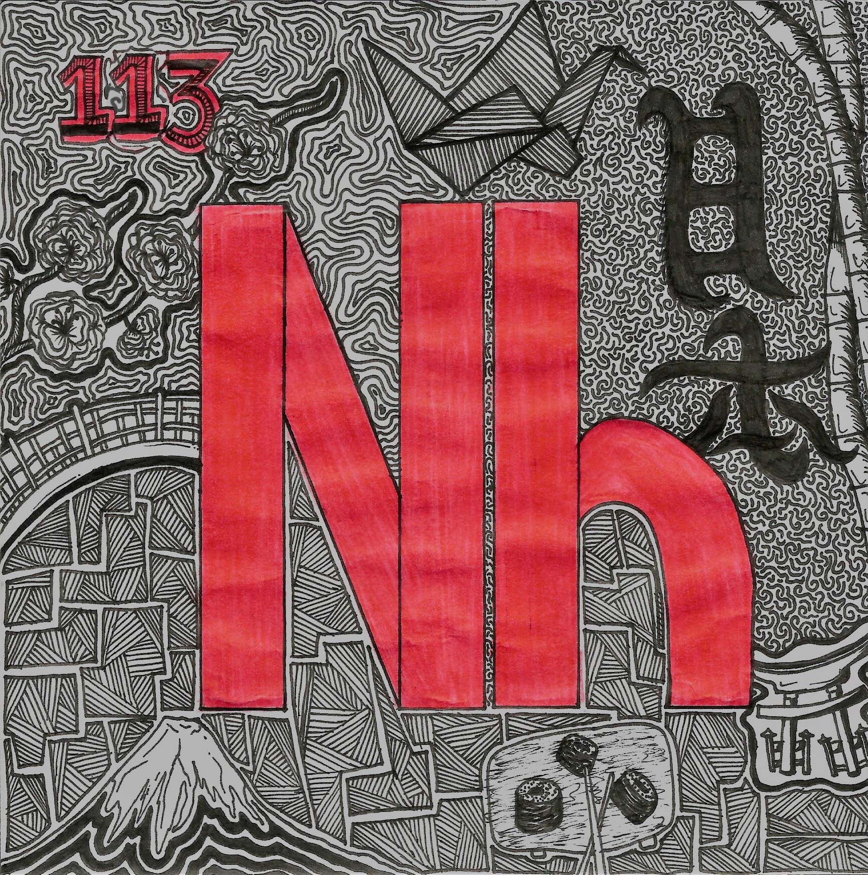 elemental tile of nihonium with large red Nh symbol surrounded by black ink drawings of mountain, bridge and origami bird