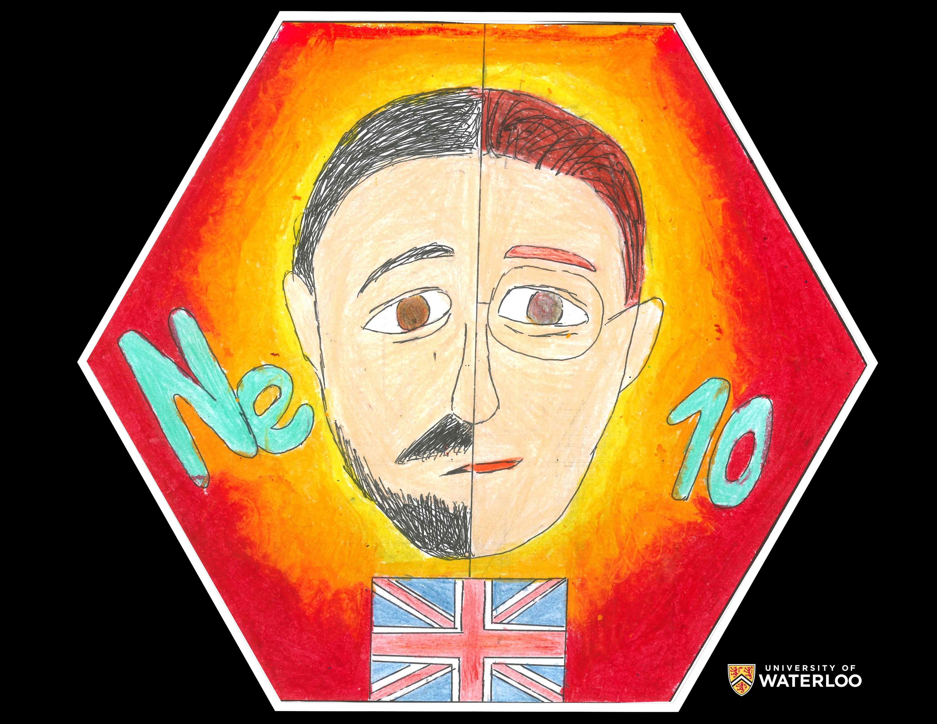 Pen and acrylic on paper. Split face of Sir William Ramsay and Morris Travers appears centre on a bright yellow, orange and red background. Chemical symbol “Ne” to the left; “10” to the right. The United Kingdom’s national flag appears at the bottom.