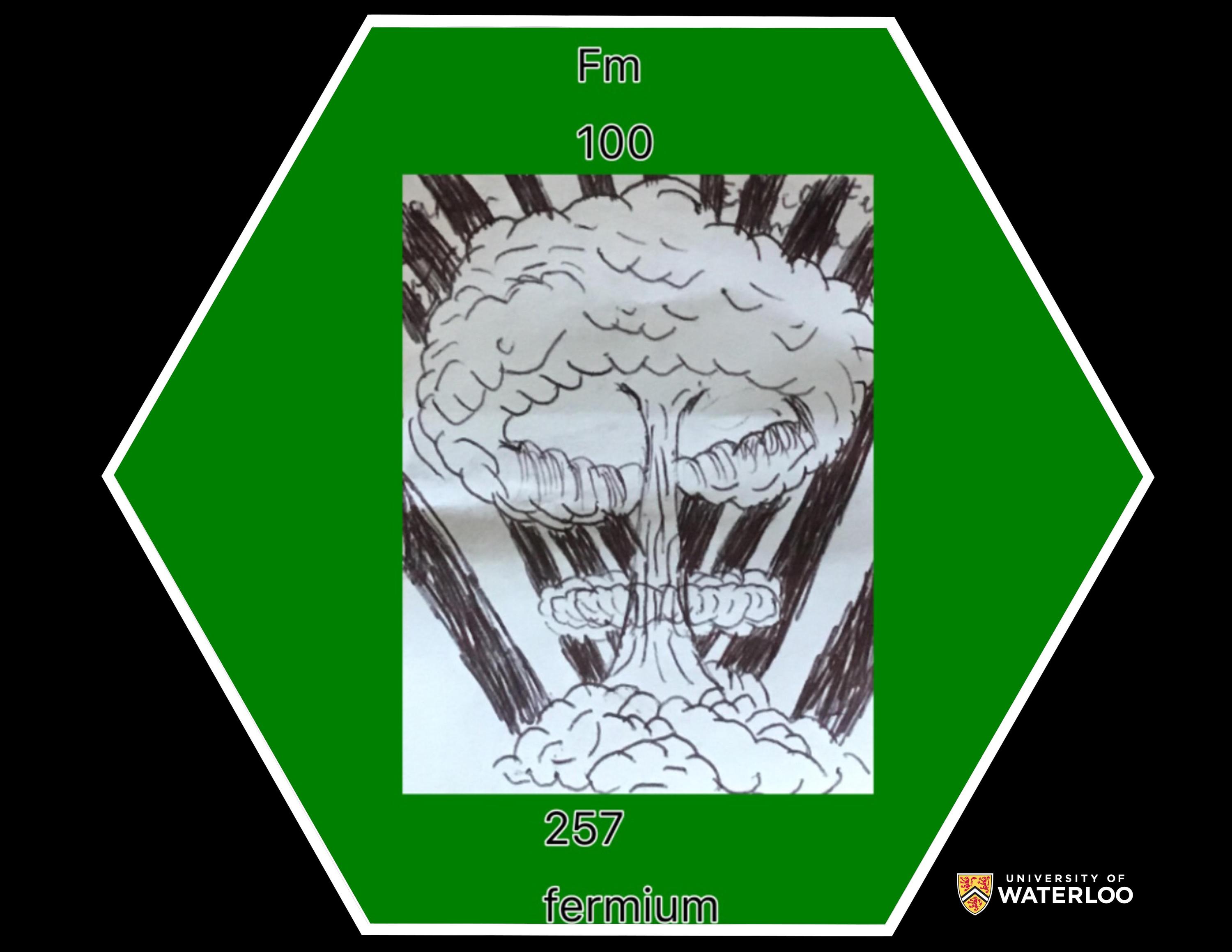 Black and white ink drawing framed on green background. The drawing features a nuclear mushroom cloud. Above the drawing are the chemical symbol “Fm” and atomic number “100”. Below are “257” and “fermium”.