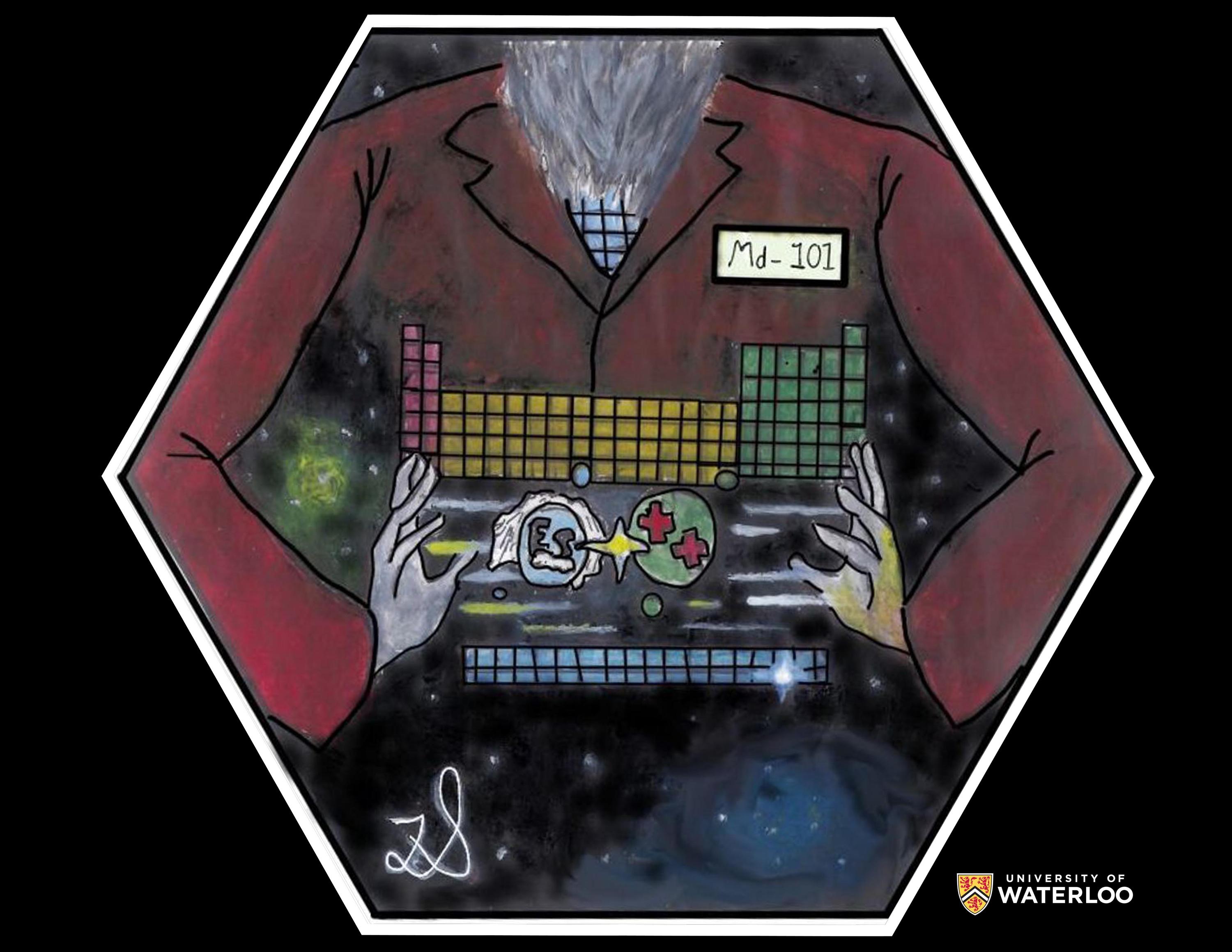 Acrylic, watercolour and digital composite. A bearded man suspended in outer space is illustrated from neck to waist holding a miniature particle accelerator in which einsteinium and alpha particles are colliding. Behind the accelerator is a small periodic table made up of simple coloured blocks. The man is suspended in outer space.