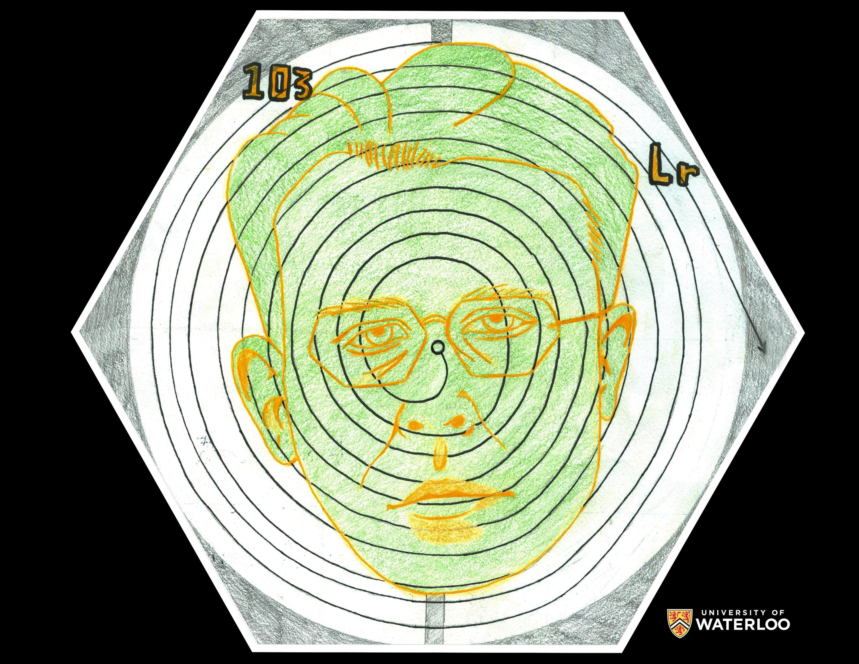 Coloured pencil on white paper. The circular path of a cyclotron overlays a portrait of Ernest Lawrence’s face outlined in orange and shaded in green. “Lr” and “103” appear at the top along the outermost path.