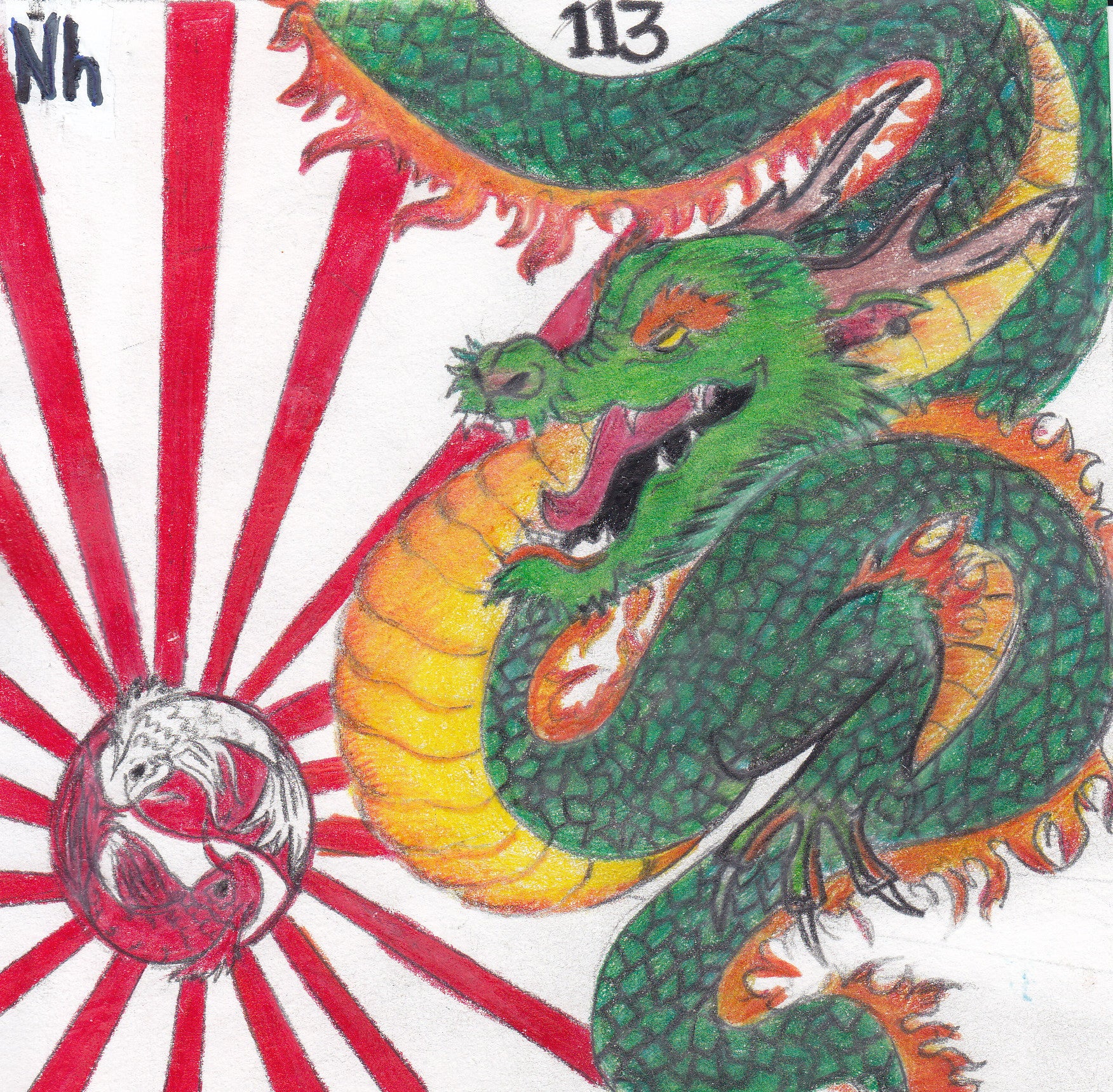 elemental tile of nihonium drawing with a Japanese dragon with red and white flag of Japan  