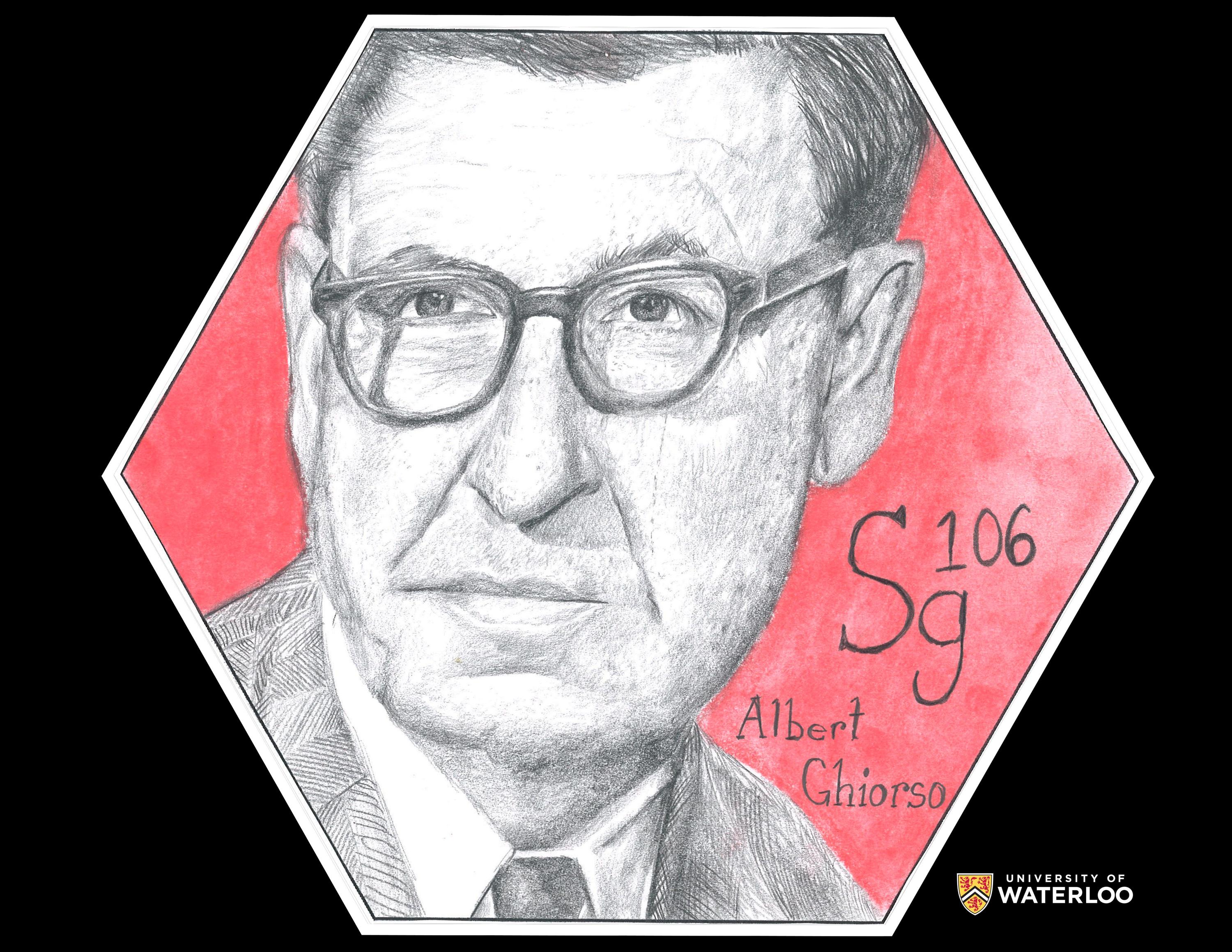Pencil on paper. Black and white portrait of Albert Ghiorso on a red background. Chemical symbol “Sg” and atomic number “106” also appear.