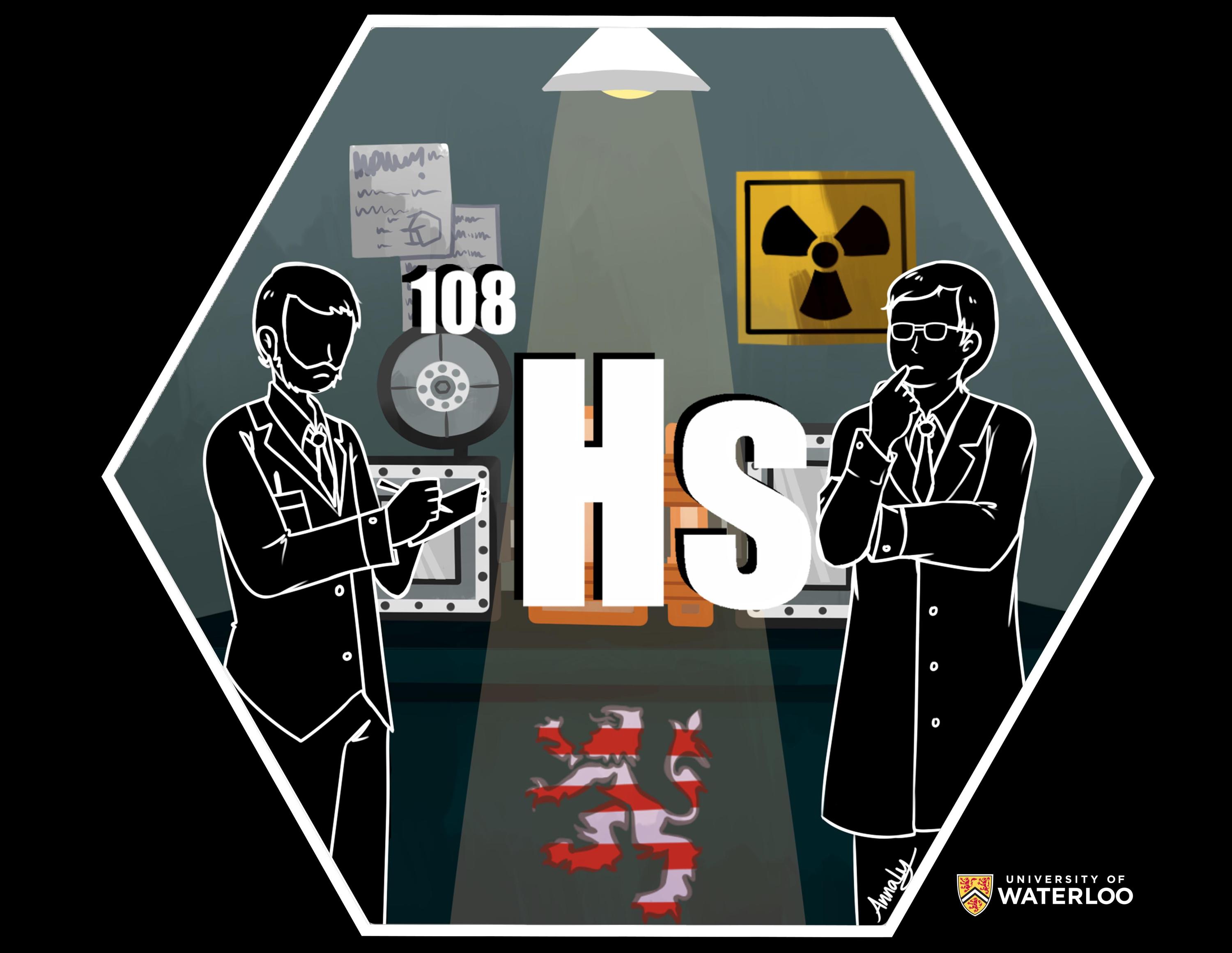 Digital composite. Background shows a grey laboratory with a nuclear symbol on the wall. Centre foreground is the chemical symbol “Hs” and “108” lit up by an interrogation lamp. Two scientists - Peter Armbruster and Gottfried Münzenber – are outlined in white and appear on each side of the symbol. Below is the Hesse state symbol of a red and white stripped lion.