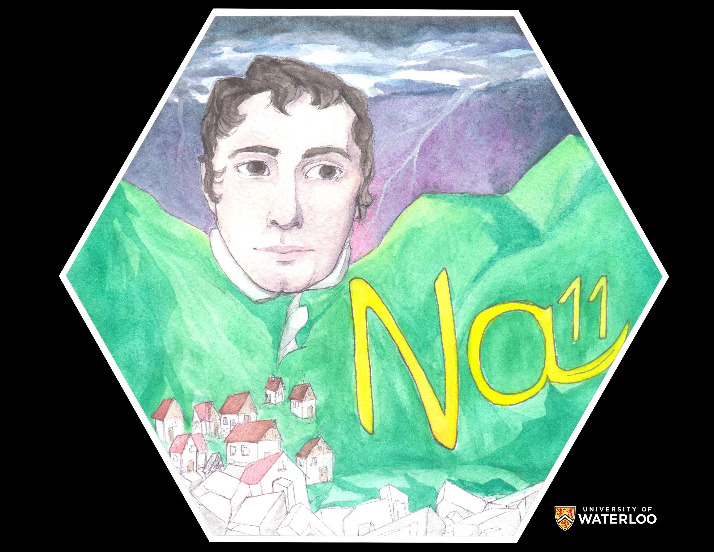 Pen and watercolor on paper. Sir Humphrey Davy’s head appears hovering over a landscape of the village Podkoren. Chemical symbol “Na” and atomic number “11” are prominently featured to the right. At the bottom of the landscape are sodium chloride (table salt) crystals.