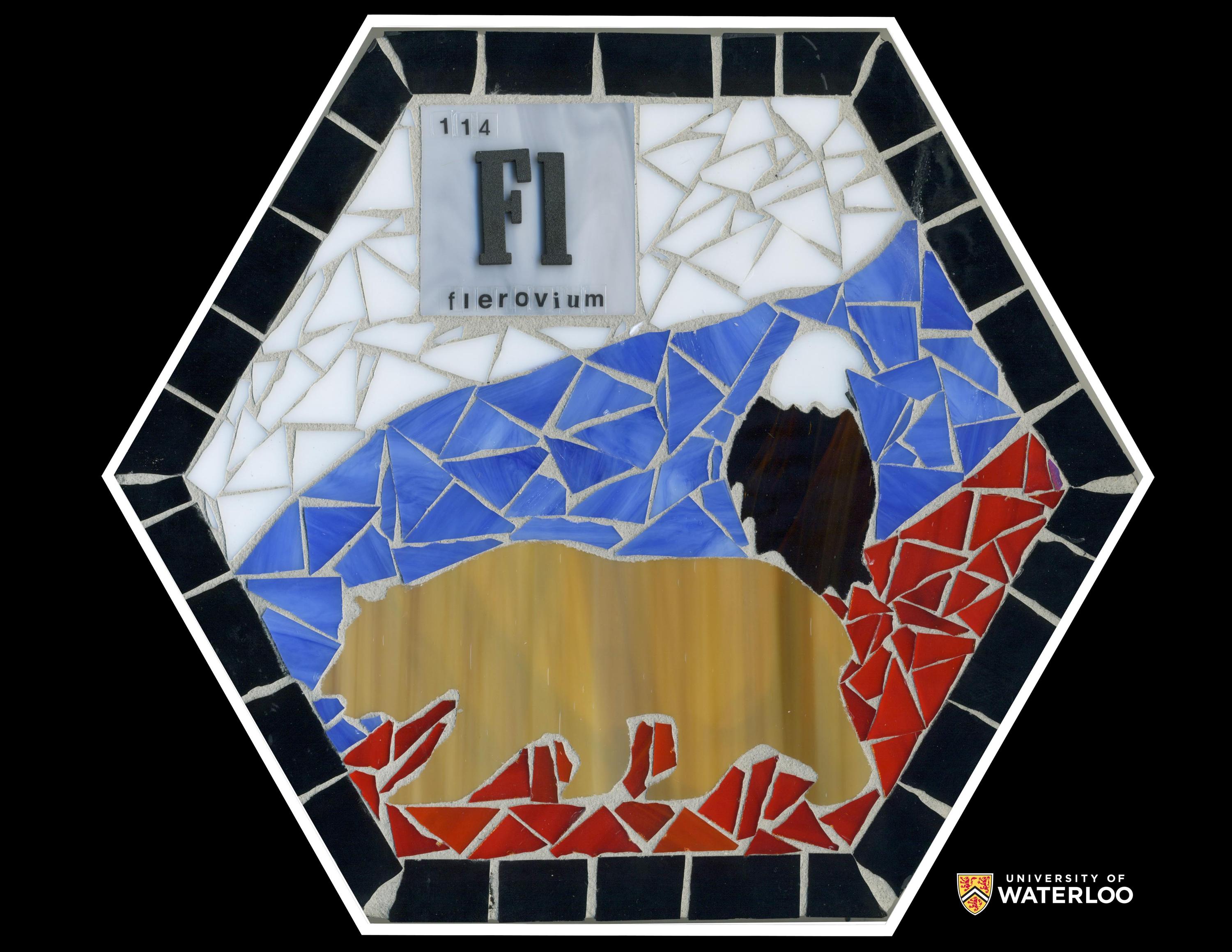 Glass tile mosaic. Periodic table tile of Flerovium top left with the chemical symbol “Fl” and atomic number “114”. Background contains white, blue and red pieces. Foreground shows a bald eagle perched on the back of a brown bear.