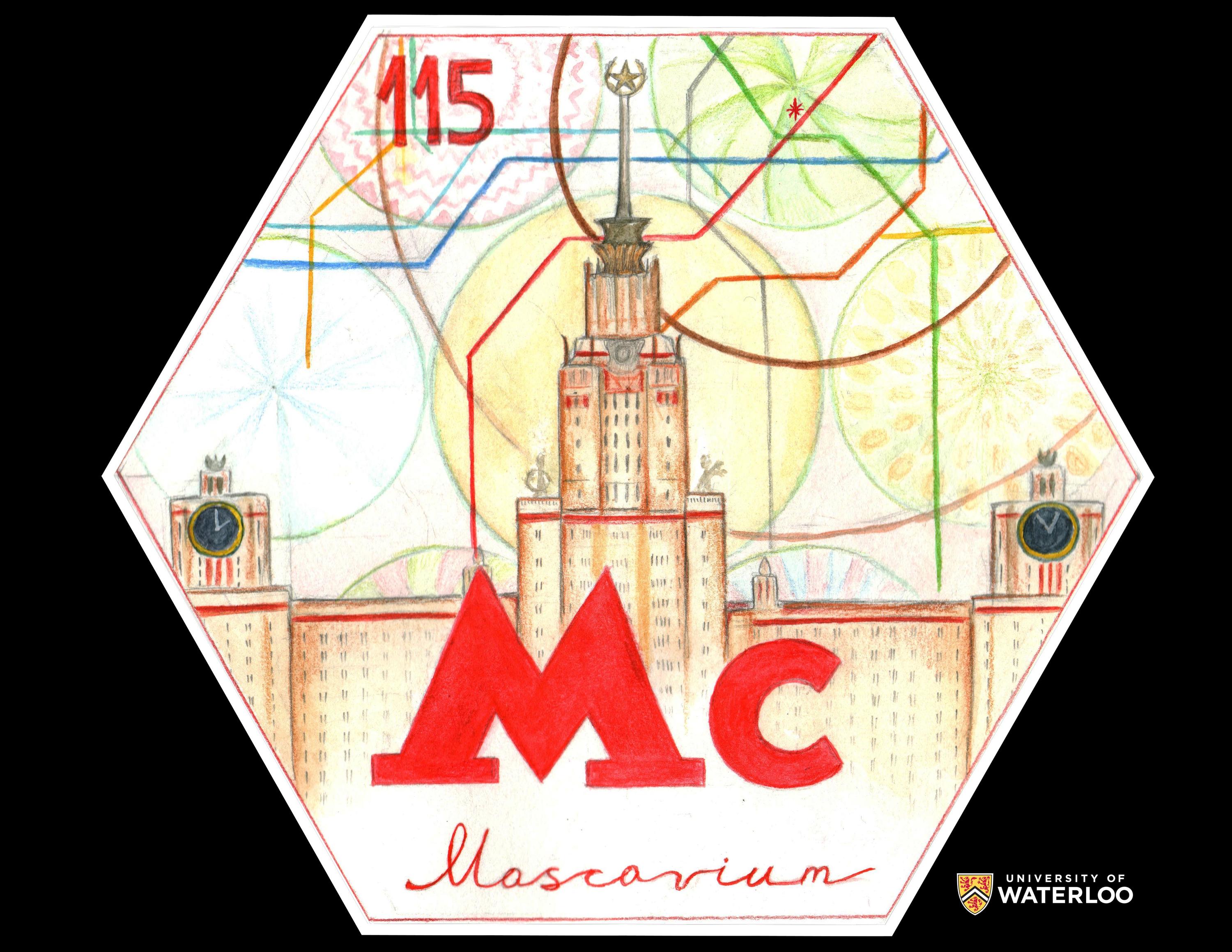Coloured pencil on paper. Centre is the chemical symbol “Mc” in an art deco font. Below “Moscovium” in cursive. “115” appears in the upper left corner. The background features the main building of Lomonosov Moscow State University with coloured graphic circles and lines in the sky.