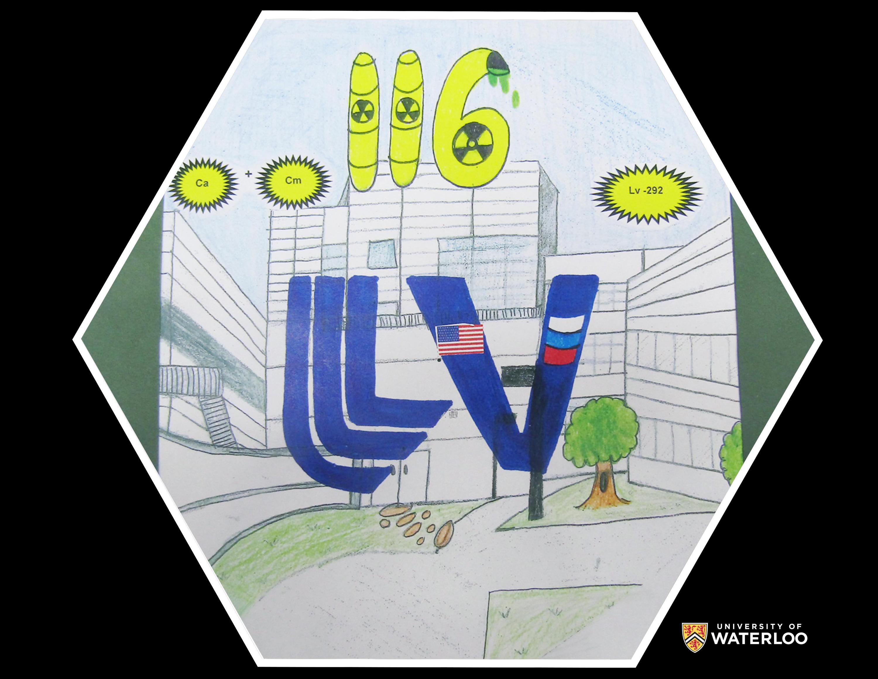 Coloured pencil on white paper. The chemical symbol “Lv” appears in bright blue, centre. The “L” is the logo for Lawrence Livermore Laboratory; within the V are the American and Russian flags. Above is atomic number “116” made with radioactive symbols. The isotopes Ca + Cm are shown at the top along with Lv-292. The background is a sketch of the Lawrence Livermore Laboratory.