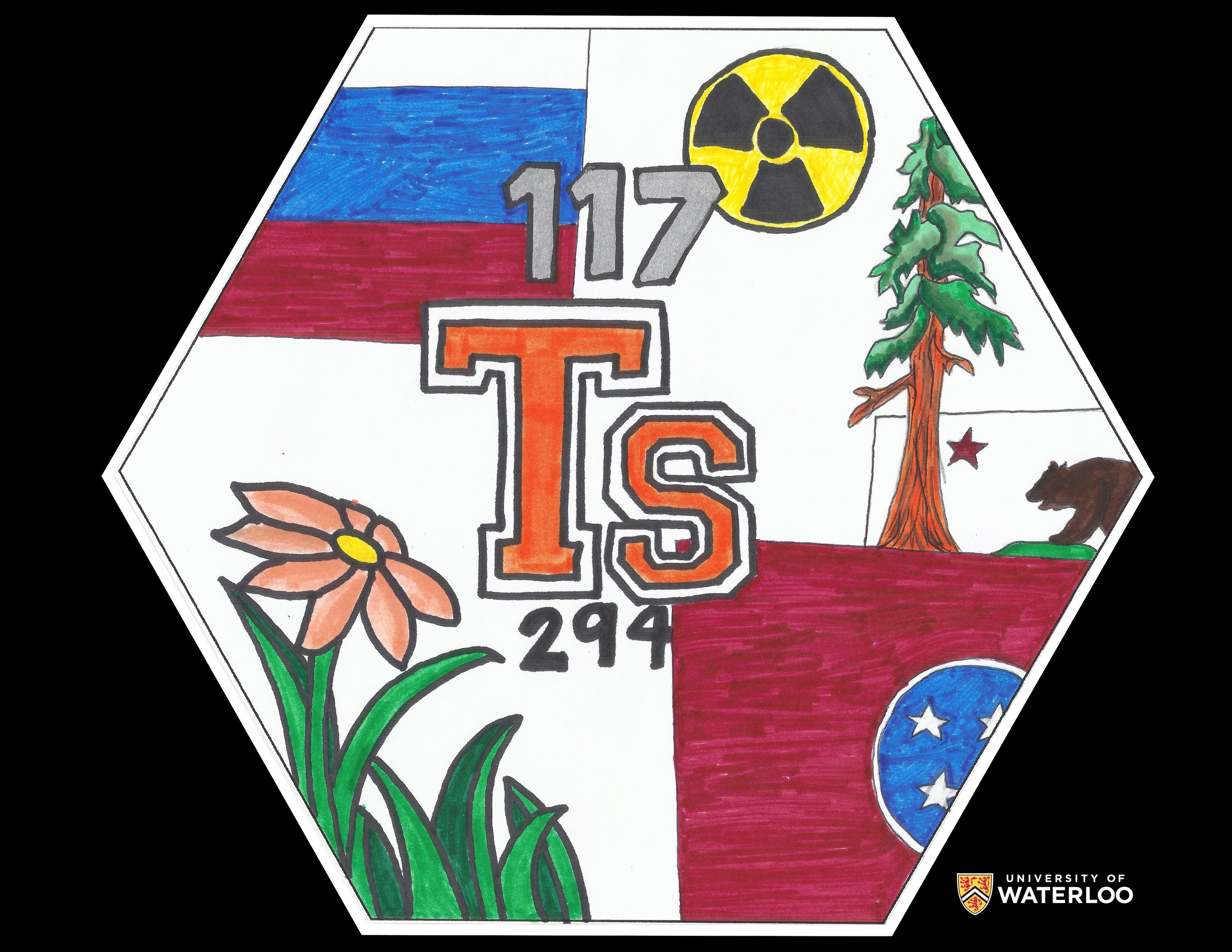 Coloured pen on white paper. The chemical symbol “Ts” is shown centre in Vanderbilt University orange and white font. Above is atomic number “117”; below atomic weight “294”. In the background are the Russian flag and radioactive symbol at the top; a pink flower in the lower left corner and the California State flag to the right.