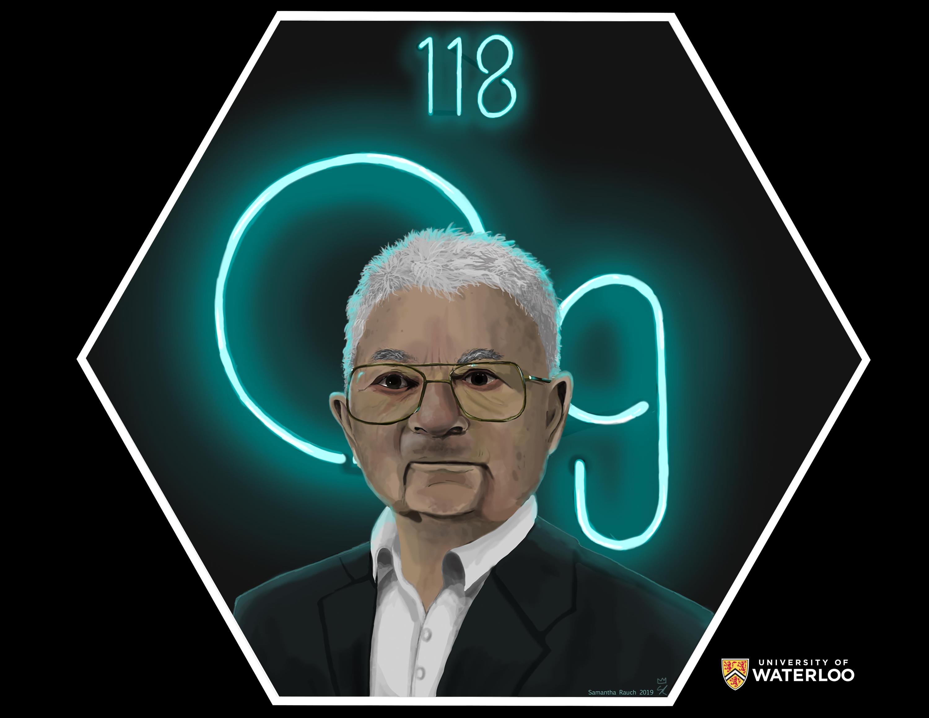 Digital artwork on black background. Centre foreground is Yuri Oganessian. Behind him is the chemical symbol “Og” with “118” drawn to look like a glowing blue-green neon sign.