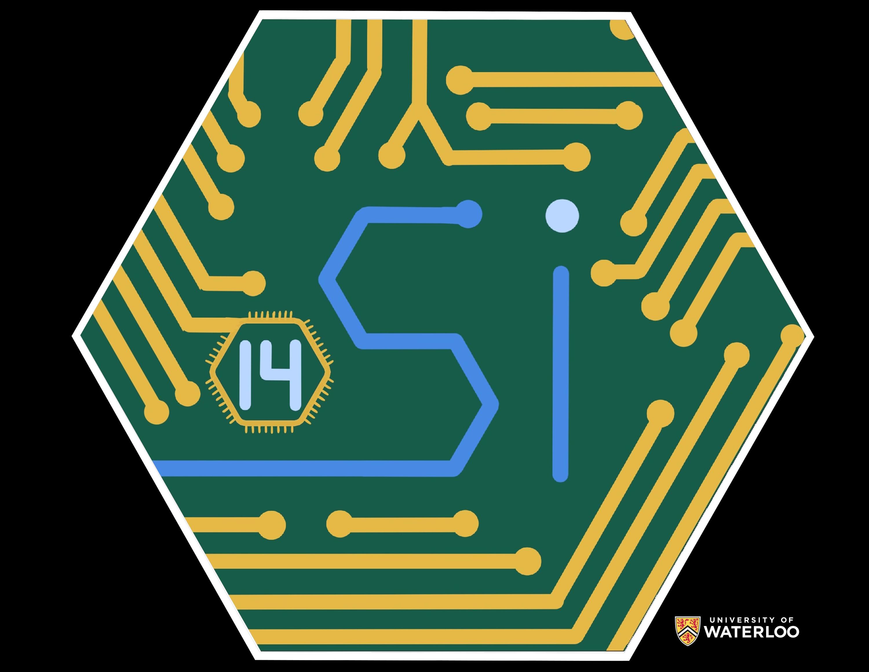 Digital image. Chemical symbol “Si” and atomic number “14” drawn to look like semiconducting electronics. Colors include gold, light blue, and blue on a green background.