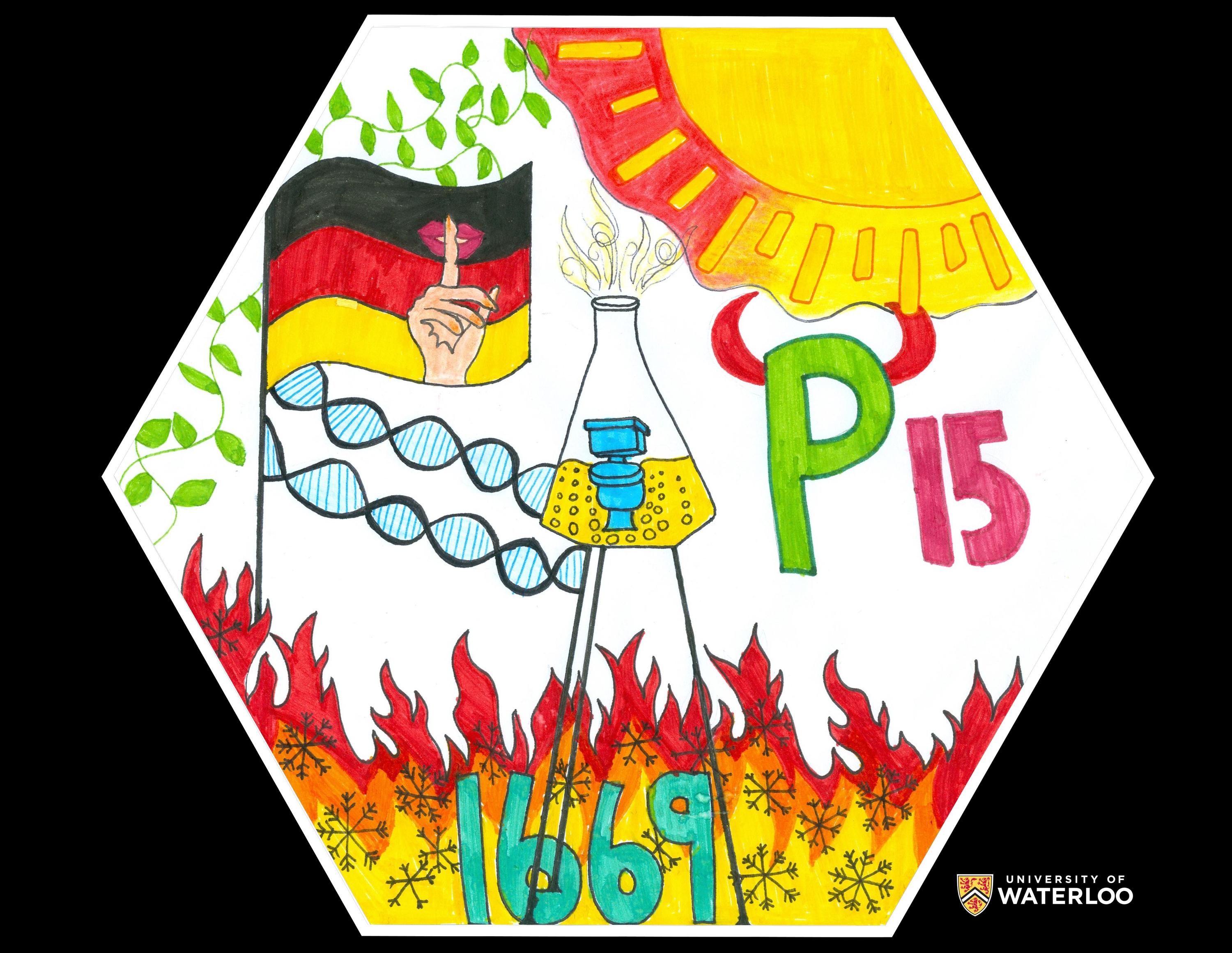 Pen and ink on paper. Chemical symbol “P” and atomic number “15” appear right. All around are symbols of phosphorus and its discovery including a flask of boiling urine, the sun, a DNA helix, a plant, the German flag and someone saying “shhh”, the year “1669”, and snowflakes within flames.