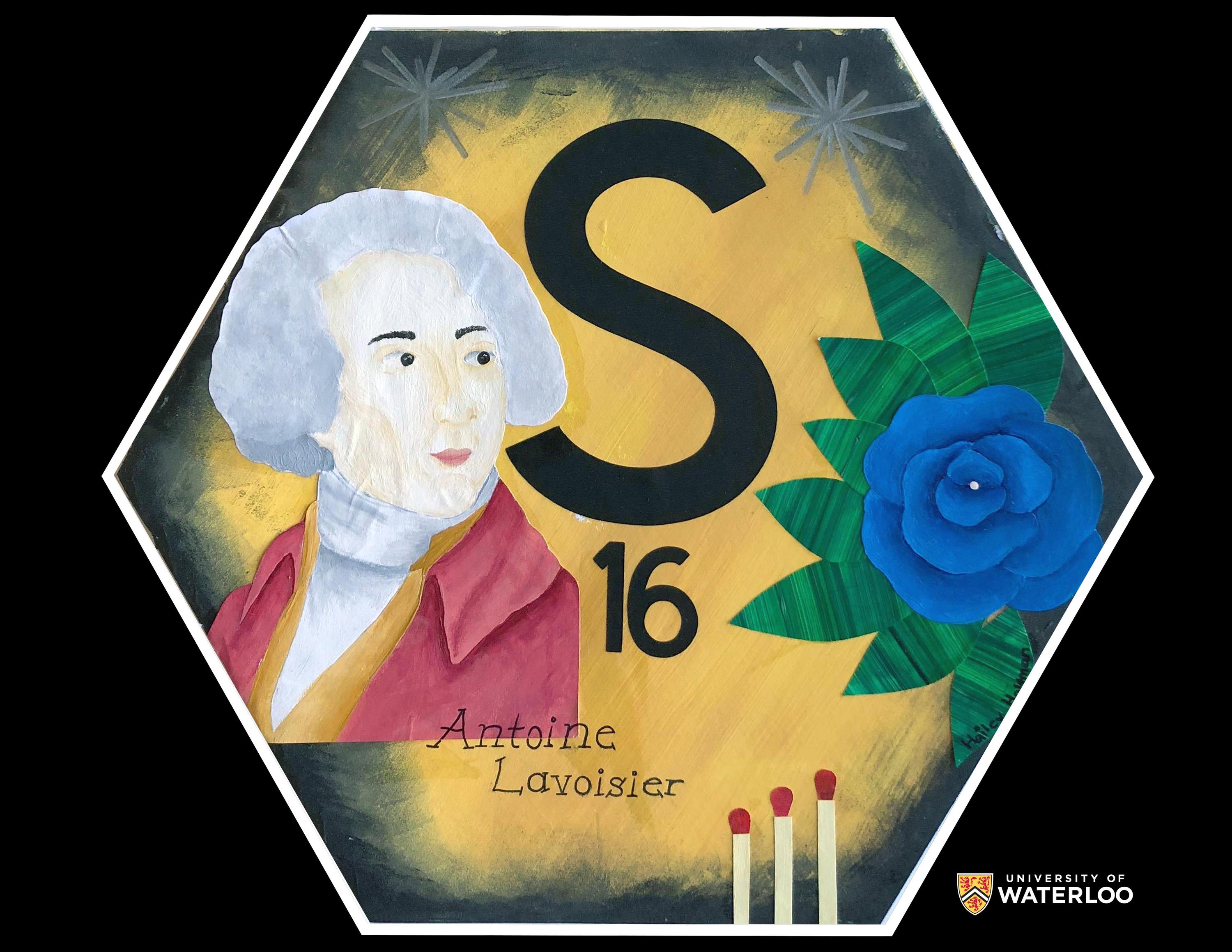 Decollage and acrylic on paper. Chemical symbol “S” and atomic number “16” centre. Portrait of Antoine Lavoisier left. Blue rose flower right. Three standing matches bottom. Background is a combination of yellow surrounded by charcoal black.