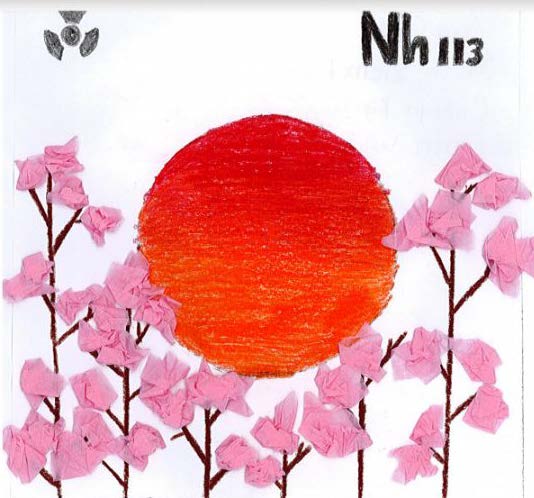 elemental tile of nihonium drawing with a large red sunset and tissue-paper cherry blossoms