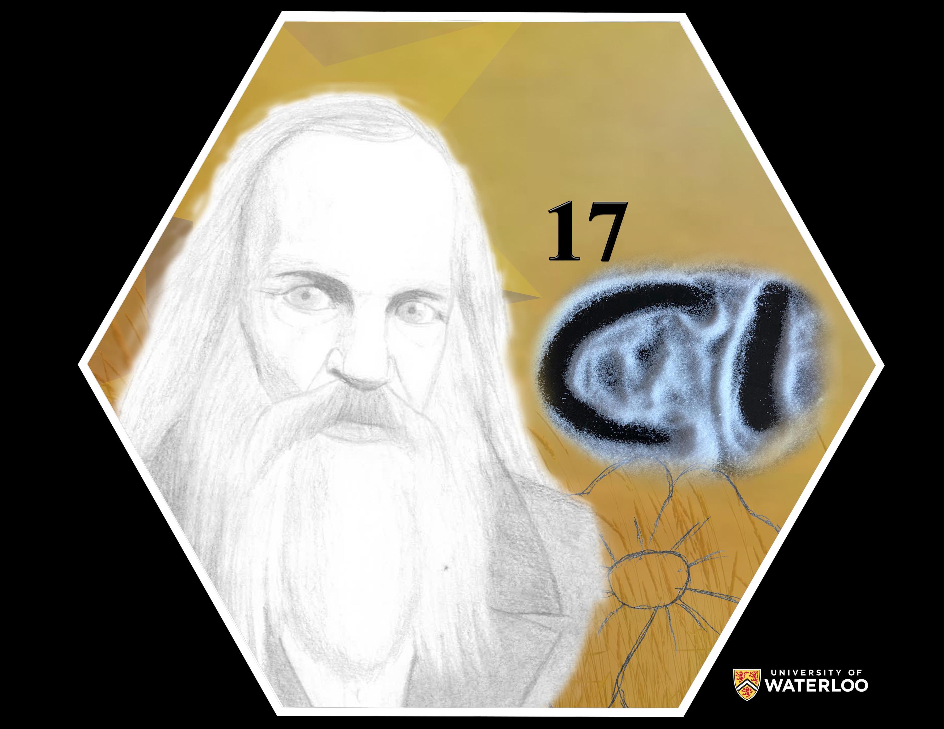 Digital composite on yellow background. Featured centre left is a pencil portrait of Mendeleev on white paper with a faint star behind him. Photo image of chemical symbol “Cl” written out in salt left; atomic number “17” above. Hand-drawn of a poppy in pencil below