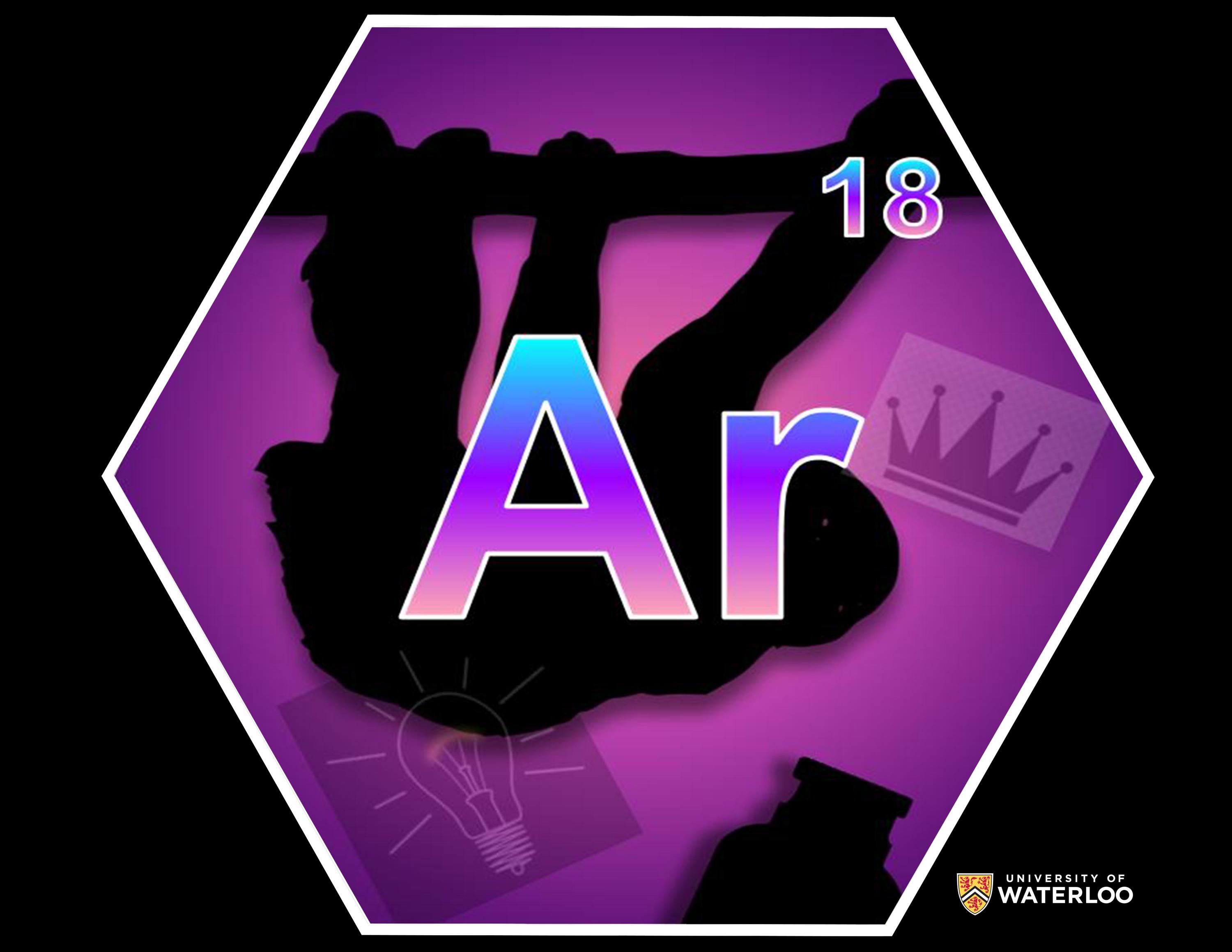 Digital image on bright purple background. A black silhouette of a sloth appears centre behind the chemical symbol “Ar” and the atomic number “18”. Additional symbols including a light bulb, crown and the silhouette of an argon gas canister.