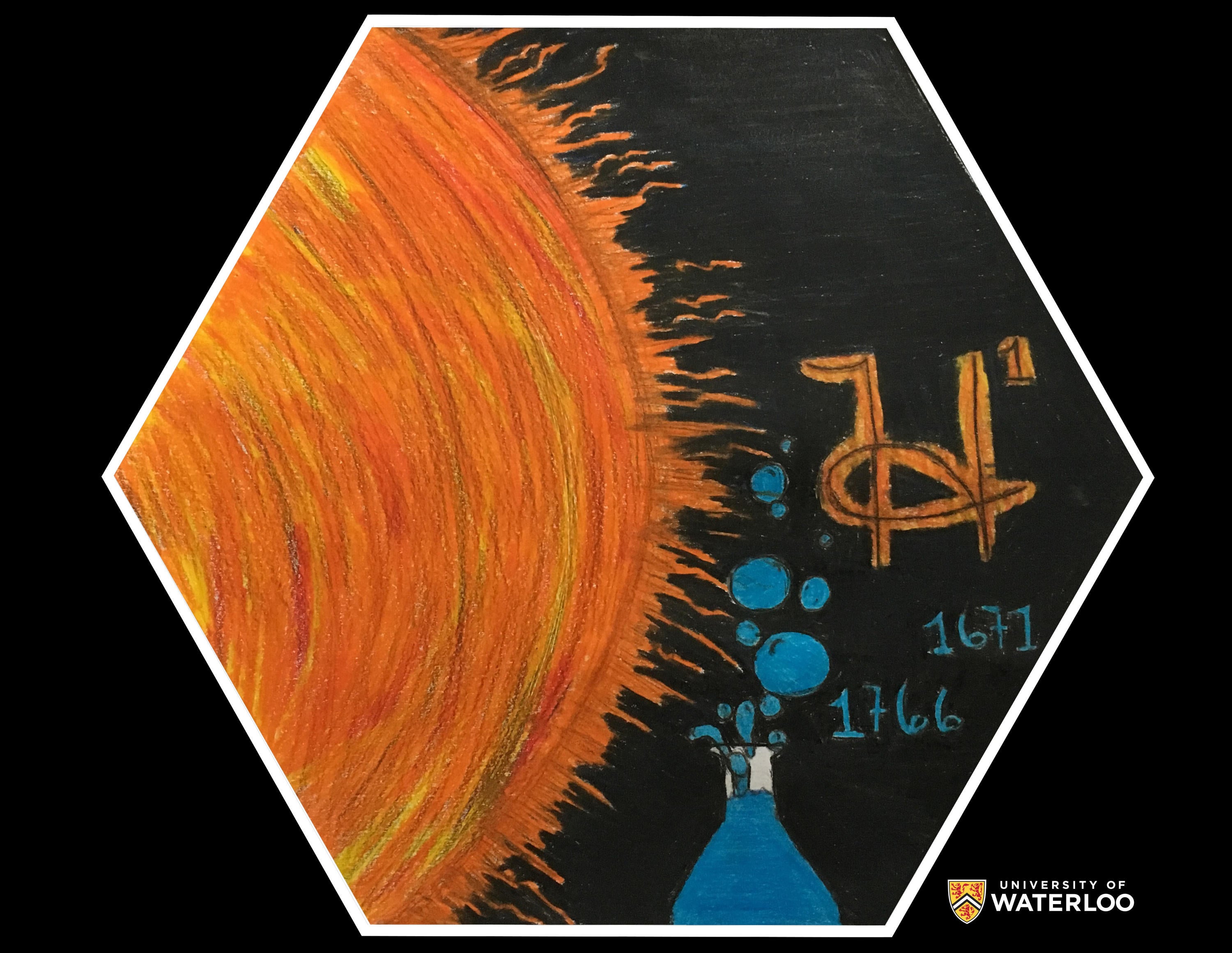 Coloured pencil on black paper. The sun towers over a flask with hydrogen gas bubbling up, the element symbol H and the years 1671 and 1766.