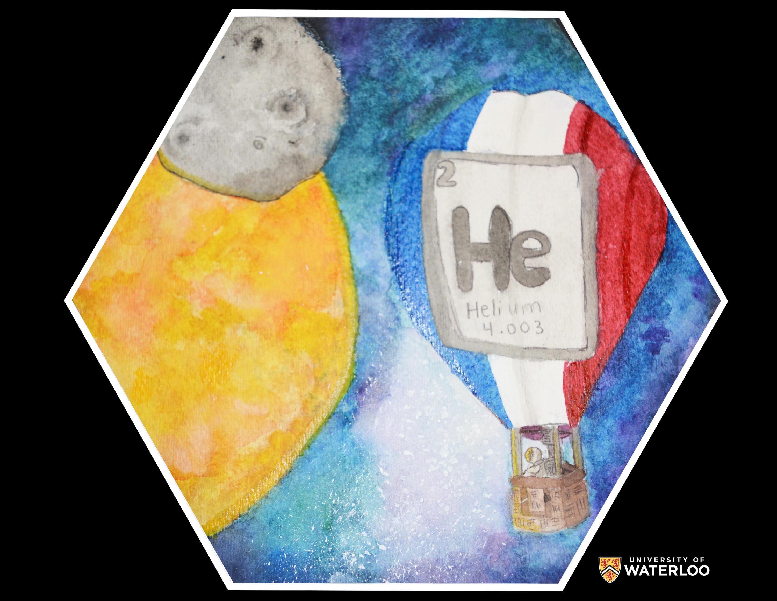 Watercolor on paper. The sun and moon depicted on the left and a hot air balloon with the French flag and chemical symbol “He” on the right. A magenta glow separates the images.
