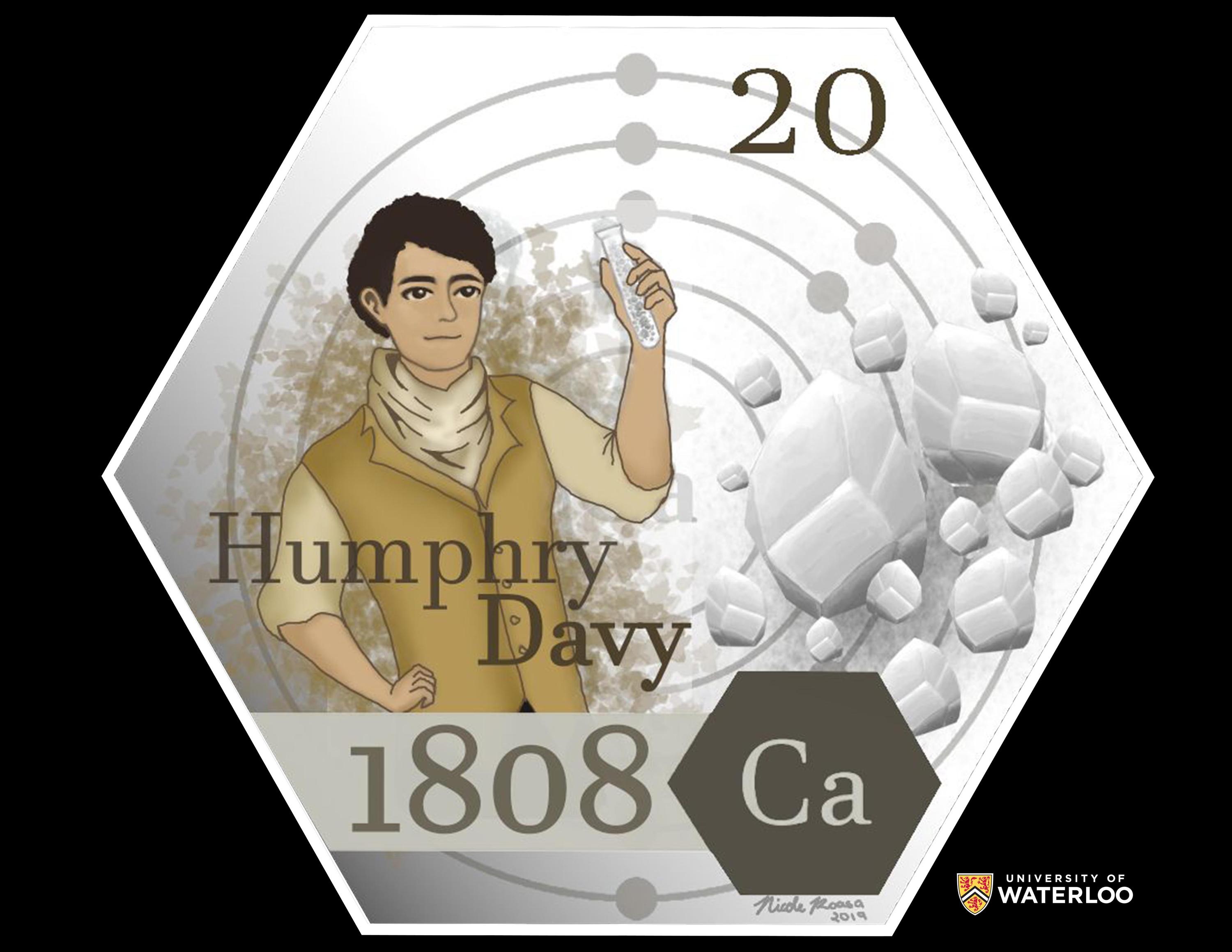 Digital composite featuring Sir Humphrey Davy holding a test tube. Chemical symbol “Ca”, plus the atomic number “20” and “1808”. Background features an atomic Bohr model and crystals.
