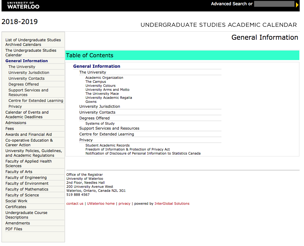 A screenshot of the 2018 Undergraduate Studies Academic Calendar website. Links to Undergraduate Studies Academic Calendar.