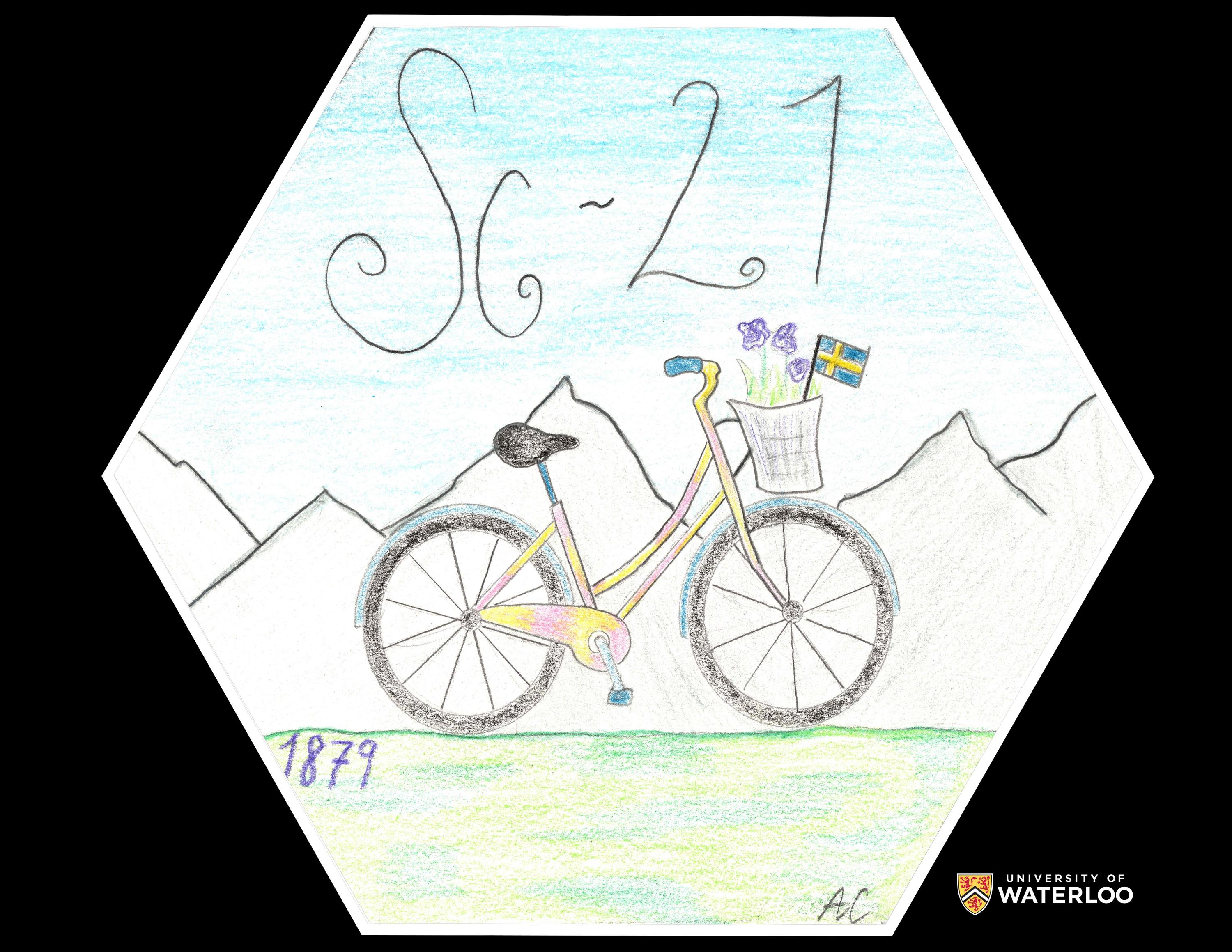 Coloured pencil on paper. Chemical symbol and atomic number “Sc – 21” featured at the top. Centre shows a bicycle with a Swedish flag in front of a mountain landscape. “1879” appears in the lower left corner.