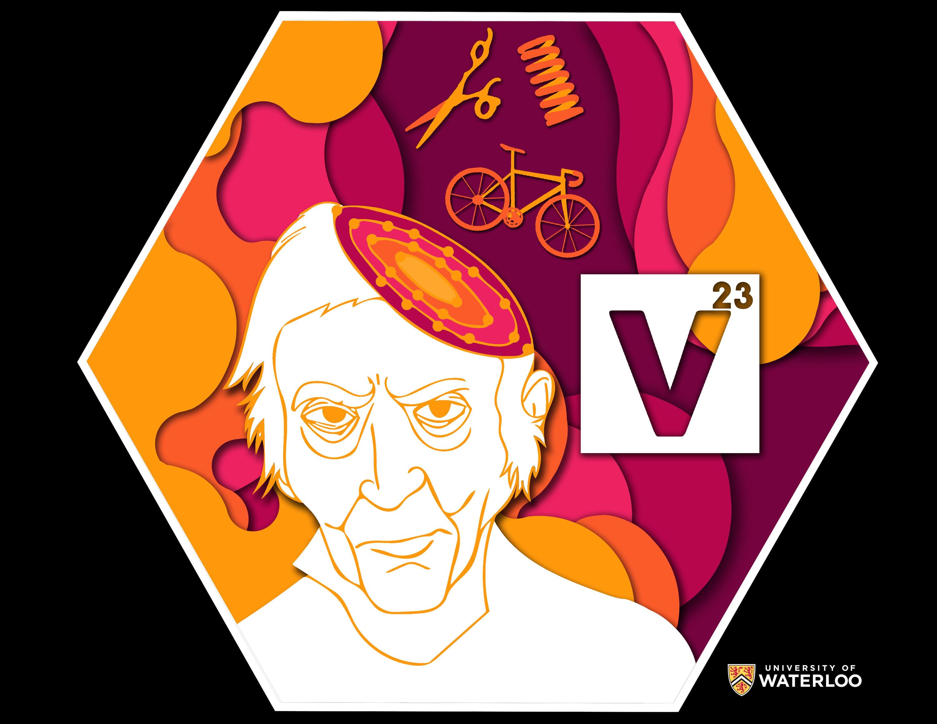Digital image. Portrait of Andrés Manuel del Río Fernández in white left with a section of his brain exposed to reveal an atomic Bohr model. A bicycle, scissors and spring appear above on top of a colorful background of oranges, pinks and reds. To the right is a white periodic table tile with a chemical symbol “V” and atomic number “23”.