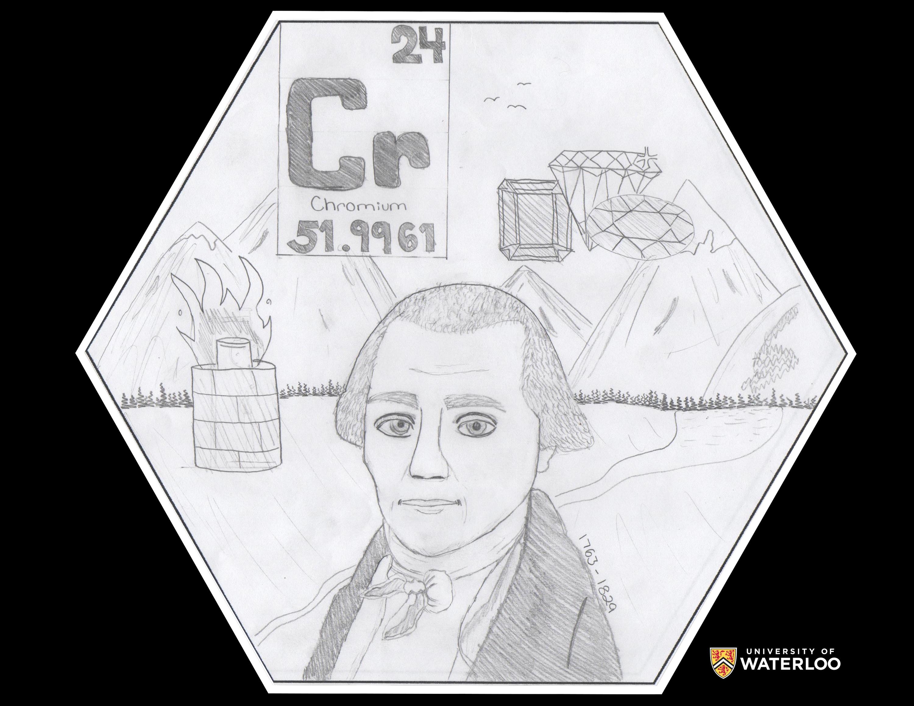 Pencil on paper. A portrait of Louis-Nicolas Vauquelin centre with the periodic table tile above, containing chemical symbol “Cr”, “chromium”, atomic number “24” and atomic weight “51.9961”. The background features a mountain landscape, rubies, and a charcoal furnace.