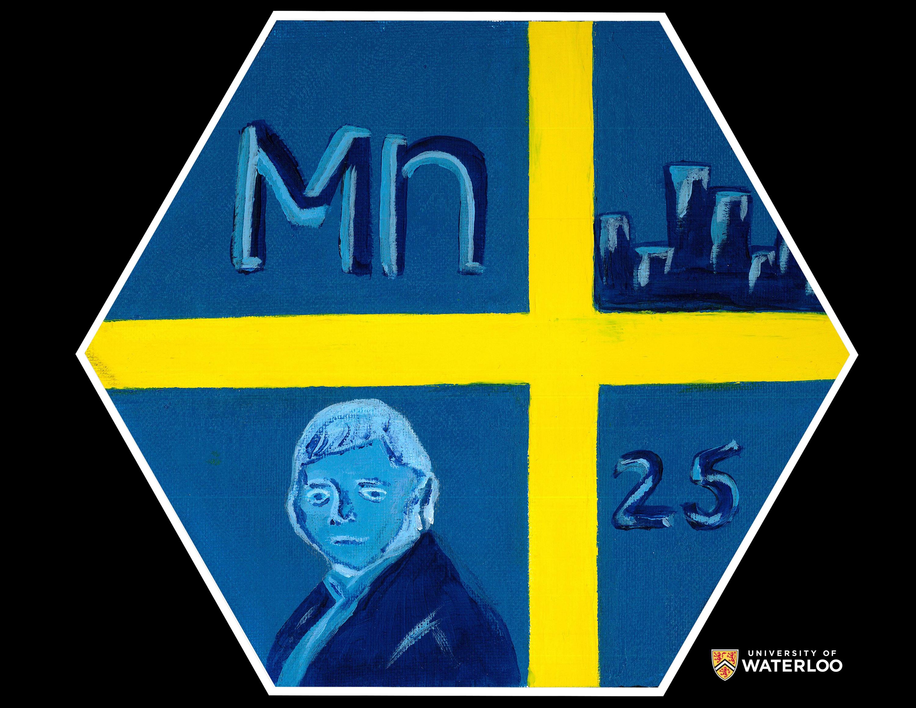 Acrylic on blue background. Tile appears as the Swedish flag divided into four frames using a bold yellow cross. All images are illustrated in dark and light blues. Upper left is the chemical symbol “Mn”; upper right a city-scape of buildings; lower left portrait of Johan Gottlieb Gahn; lower right the atomic number 25.