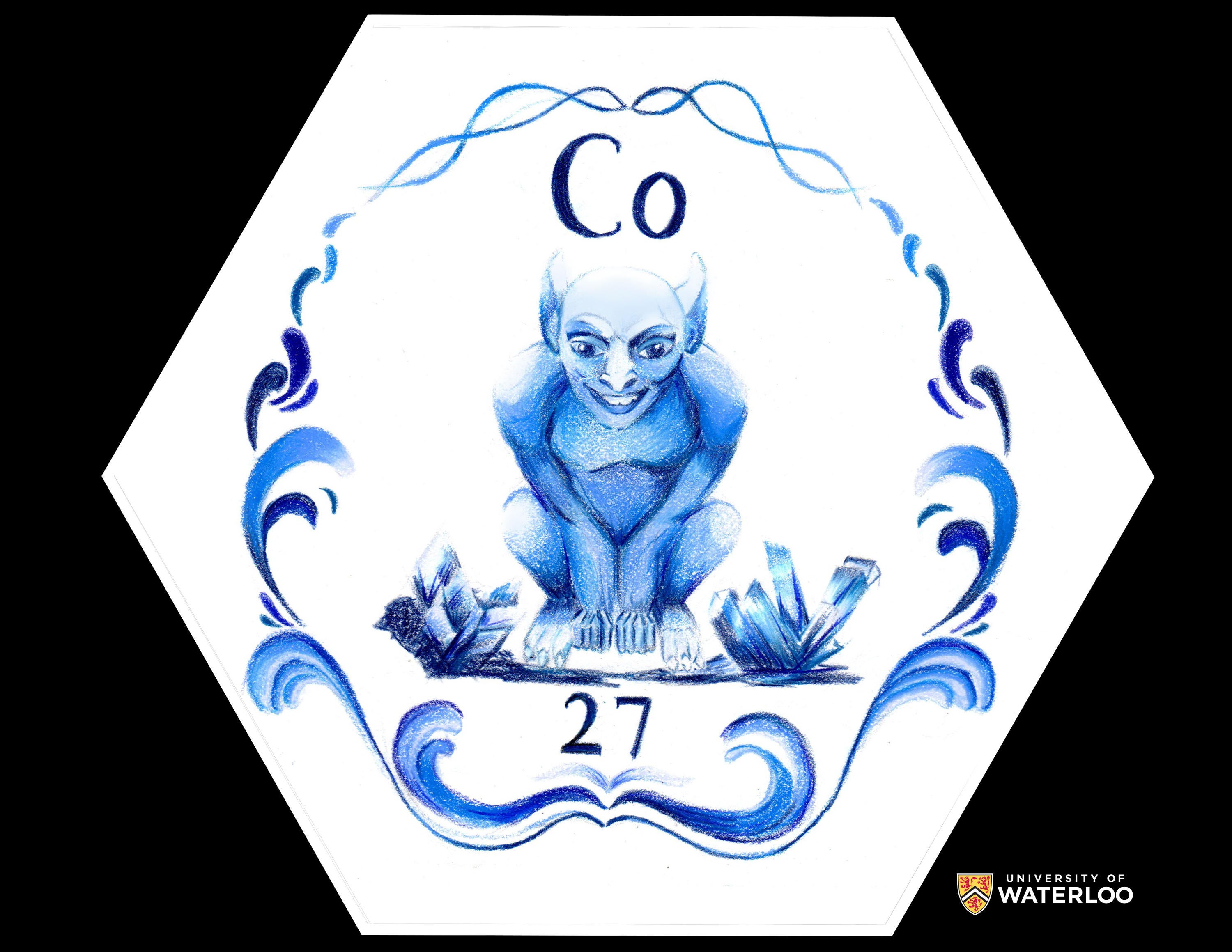 Shades of blue pencil on paper. Design is reminiscent of an 18th century Delft blue tiles. A smiling goblin featured centre with the chemical symbol “Co” above and atomic number “27” below. On either side of the goblin are crystals, all surrounded by a traditional swirling patterned border.