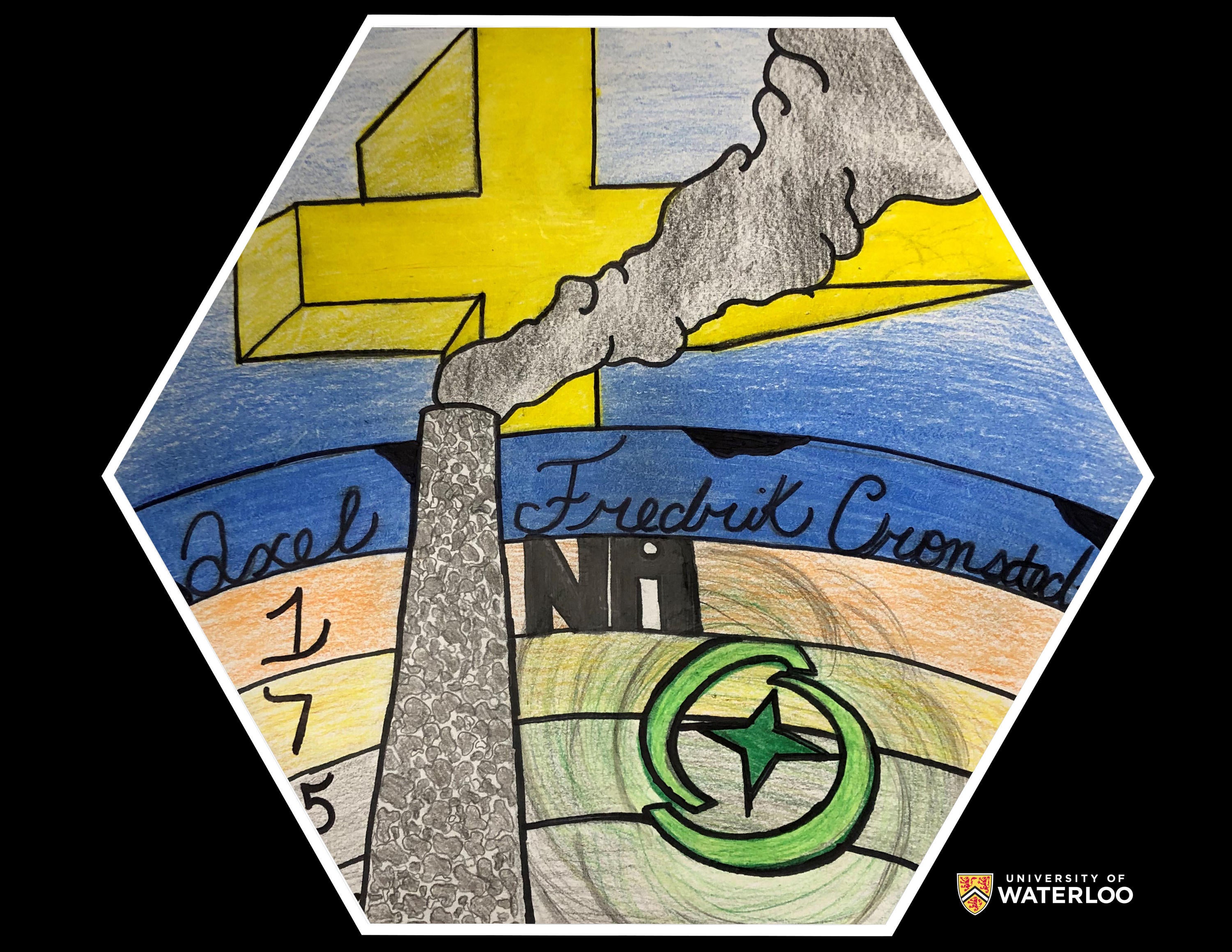 Colored pencil on paper. Large yellow Swedish cross stands on top of layers of the Earth’s crust. “Frederik Cronstedt”, chemical symbol “Ni”, and “1751” appear in the crust’s layers. A large smokestack billowing smoke appears left. The symbol of Sudbury, a green star within two semi-circles, appears right.