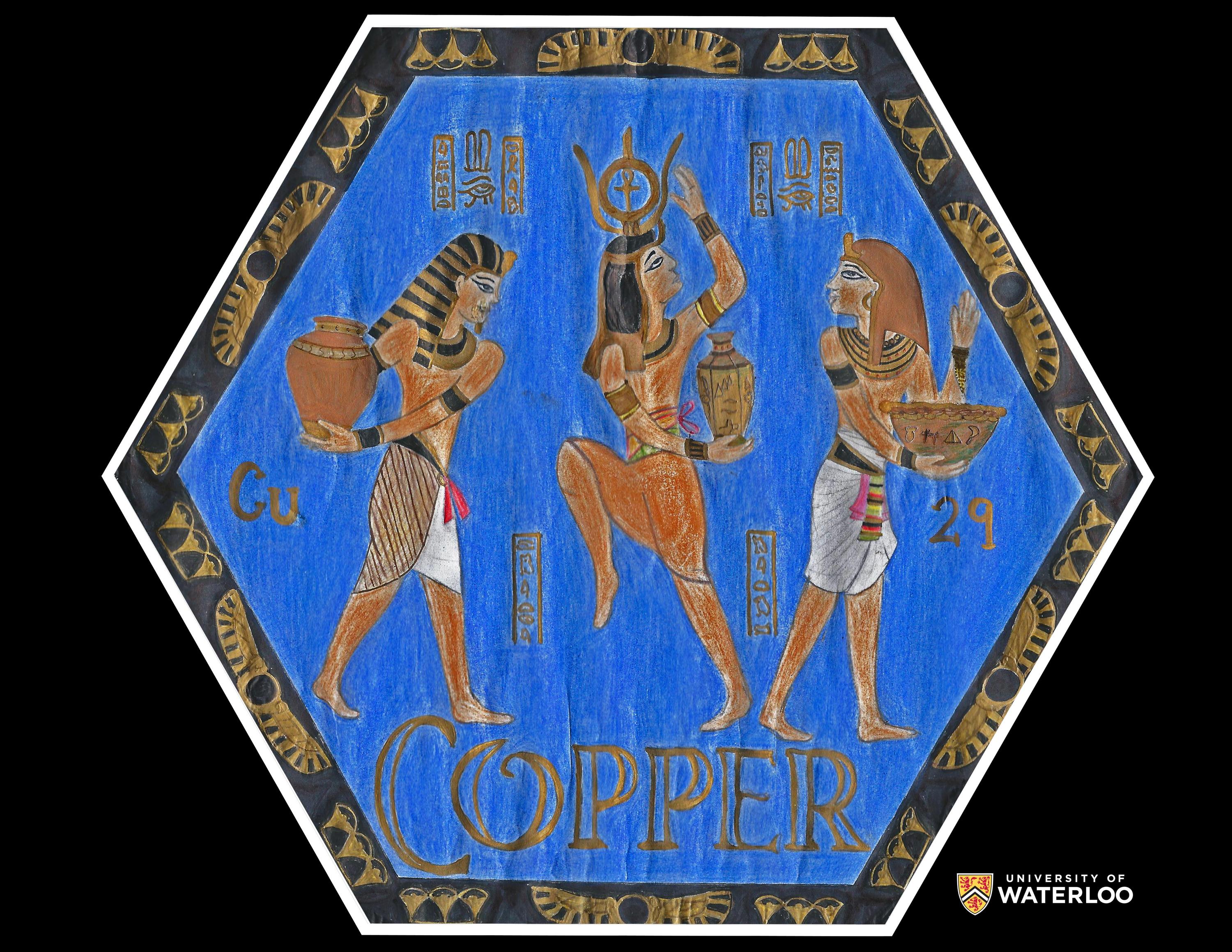 Layered collage with pencil and ink illustrations. Blue background made with blue copper (II) sulphate. Three Egyptian figures standing centre. Their jewelry and head crowns are made of copper. Black border includes copper-coloured hieroglyphs of words describing copper and the periodic table. Bottom is the word “Copper” with the chemical symbol “Cu”left and atomic number “29” right.