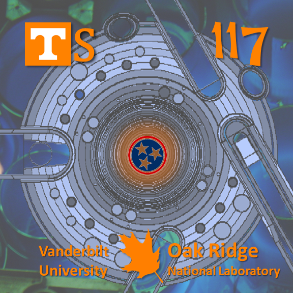 elemental tile of tennessine created digitally showing cross-section of a reactor core with Tennessee flag symbol in middle