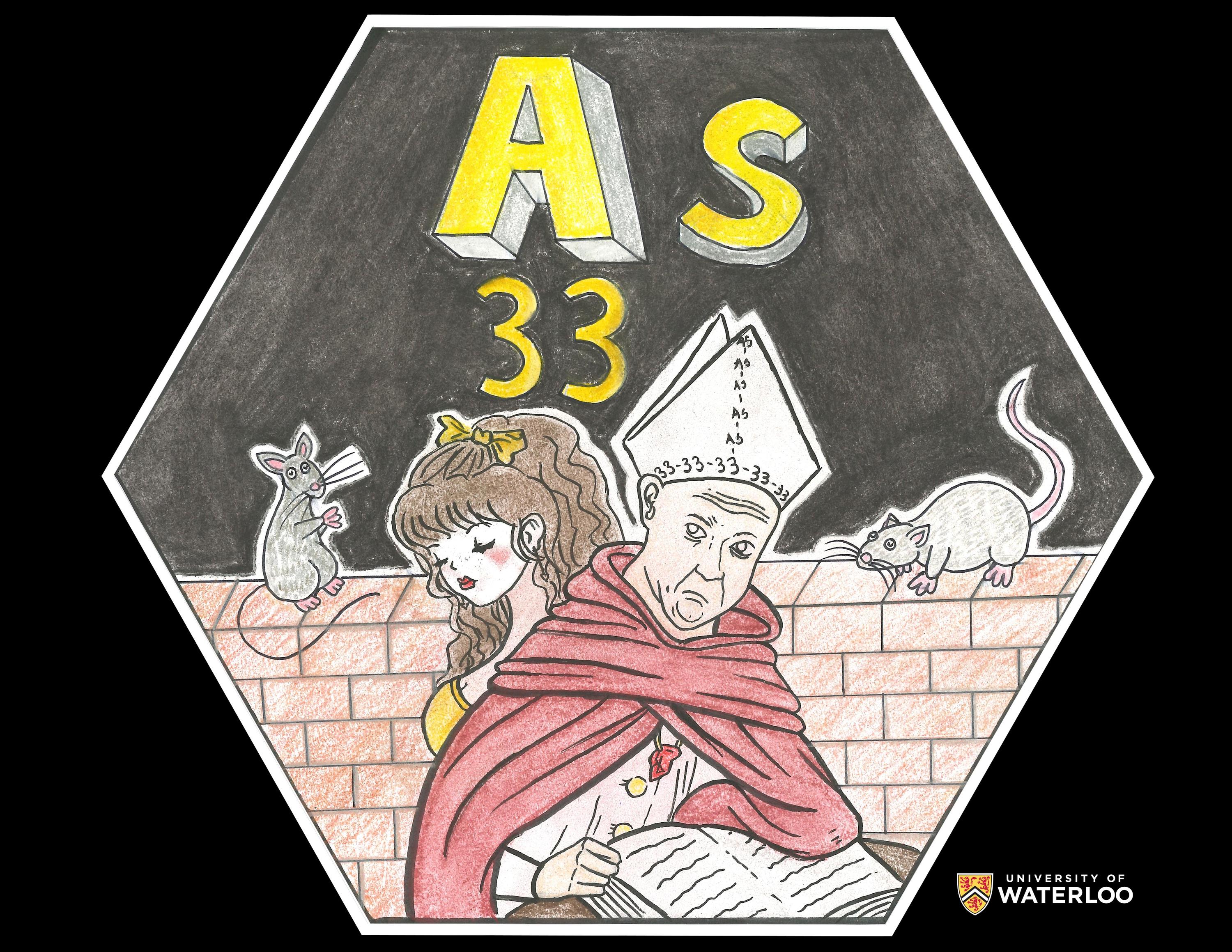 Ink and coloured pencil on black paper. Centre is a portrait of Saint Albertus Magnus reading a book with a rosy-cheeked, demure Victorian lady behind him. Background shows two rats running on top of a brick wall. Above is the chemical symbol “As” and atomic number “33” in yellow.