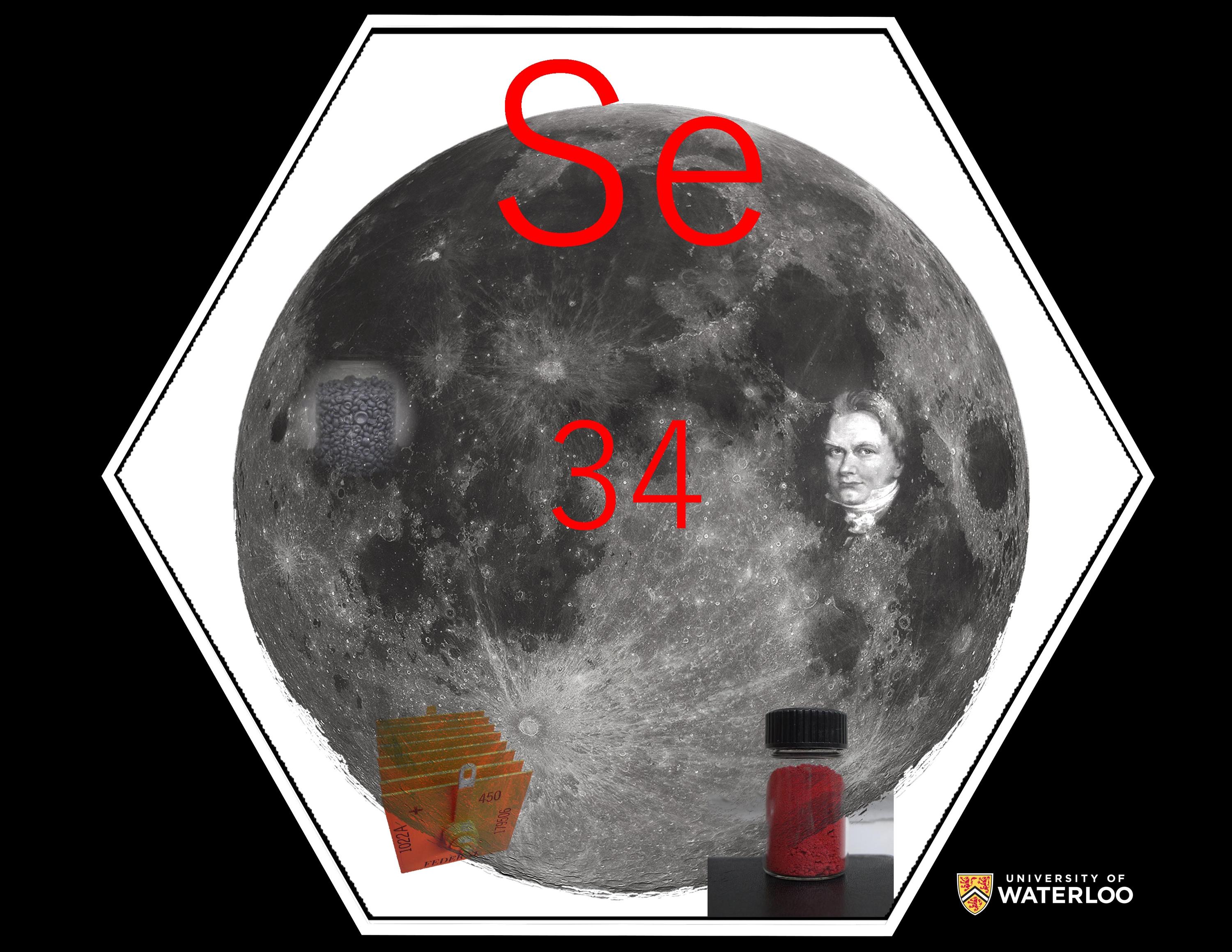 Digital composite. Chemical symbol “Se” is at the top with atomic number 34 centre, both in bright red. The background, which dominates the tile, is the full moon. Other images include portrait of Jöns Jacob Berzelius, a red glass vial, and a selenium rectifier.