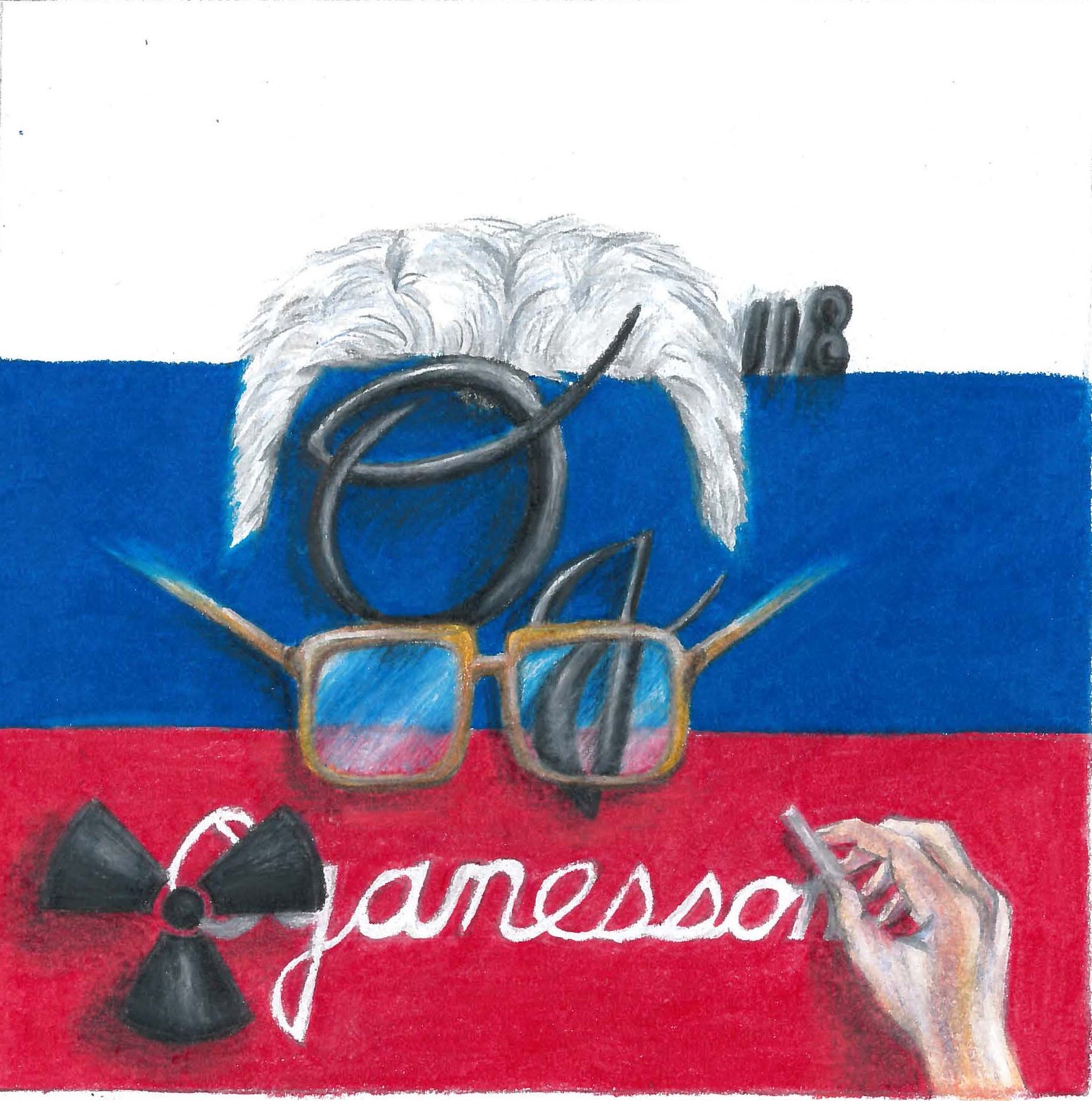 elemental tile of oganesson showing a Russian flag with Dr. Oganessian eyeglasses, hair and hand and radioactive symbol