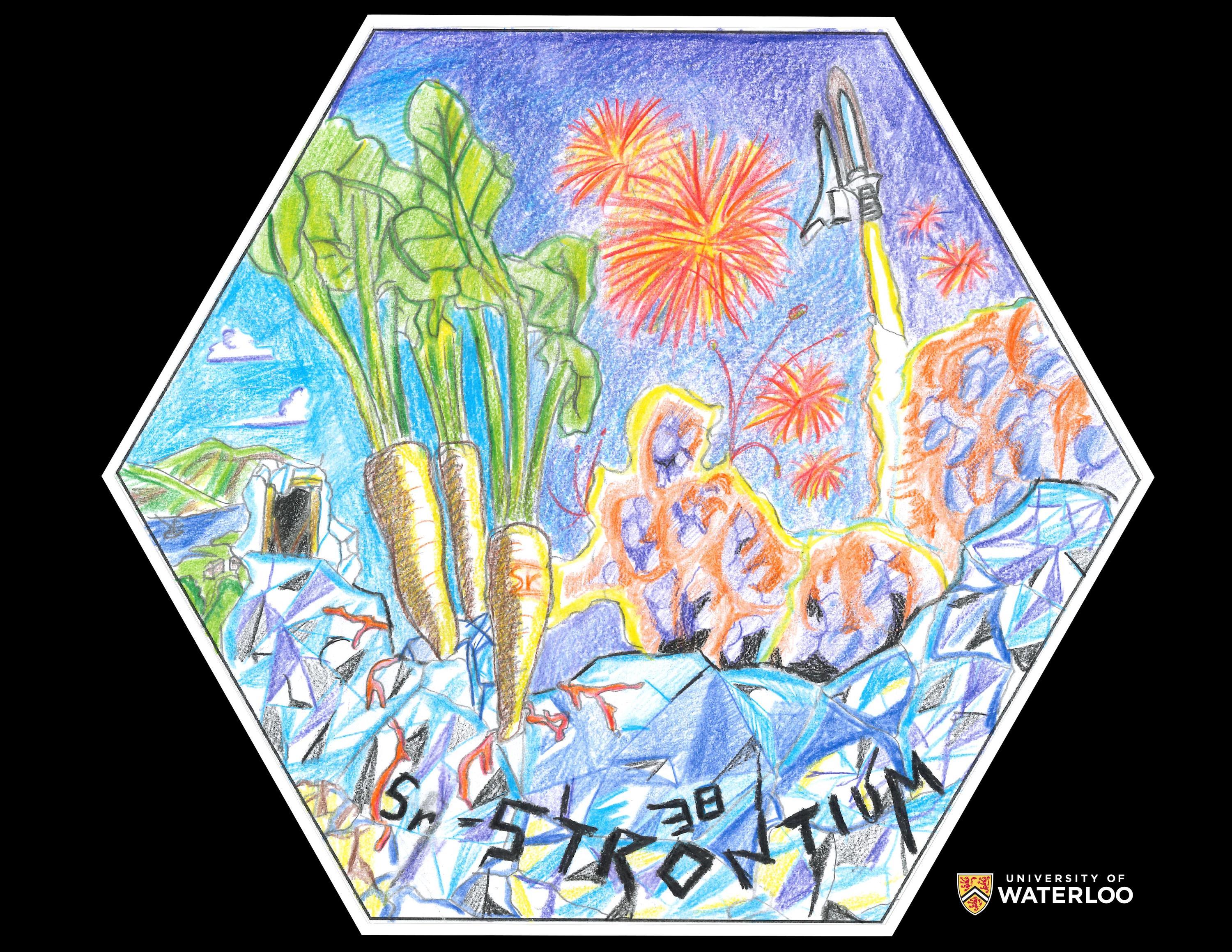 Coloured pencil on paper. A collage of images including fireworks, carrots, the space shuttle across the top, and silvery metal on the bottom. The chemical symbol “Sr”, “Strontium”, and atomic number “38” are weaved into the bottom illustration.
