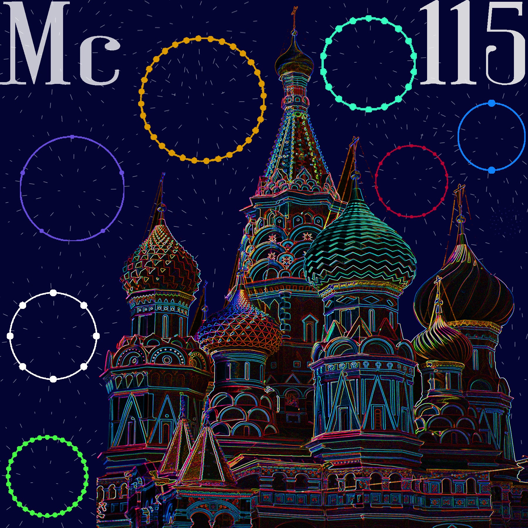 elemental tile for moscovium made by digitally highlighting the outline St. Basil's Cathedral in Moscow