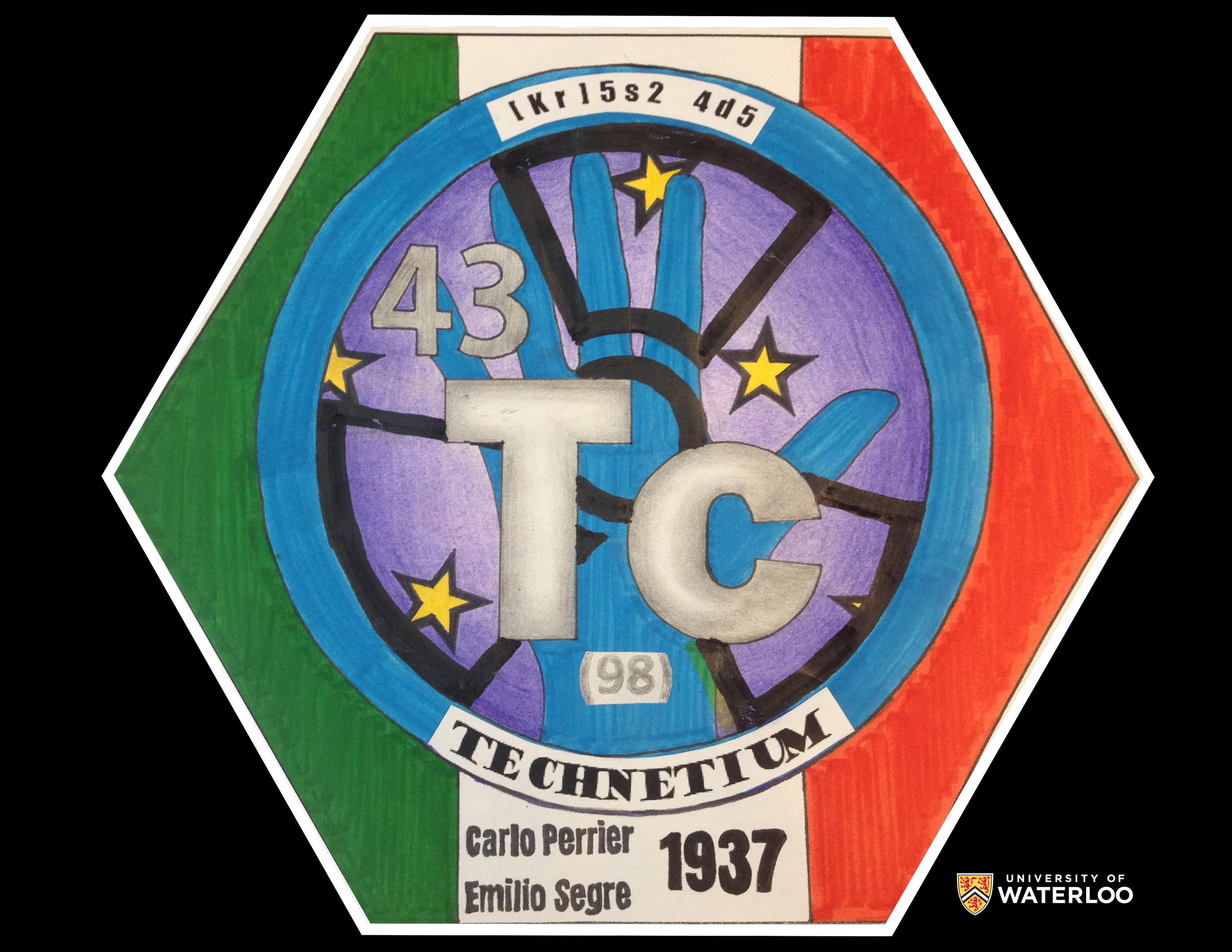 Pen and ink on paper. Background is the tricolored Italian flag. Chemical symbol “Tc”, “43” and “98” appears in centre of a circle labeled “technetium”. The circle features a radioactive symbol with five stars and a hand. Below are the names Carlo Perrier and Emilio Segre, 1937.