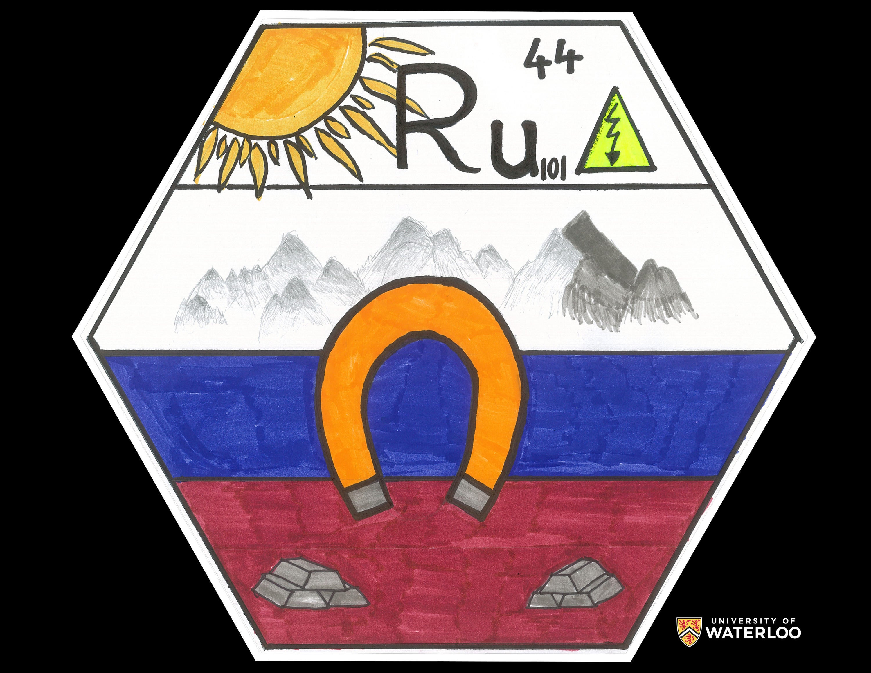 Pen and ink on paper. Chemical symbol “Ru” with atomic number “44” and atomic weight 101 at the top along with the sun and a high-voltage hazard symbol. Background, middle and foreground colored to look like the Russian flag. Mountains in the background; a horseshoe magnet; centre bottom are grey bars of pure ruthenium.