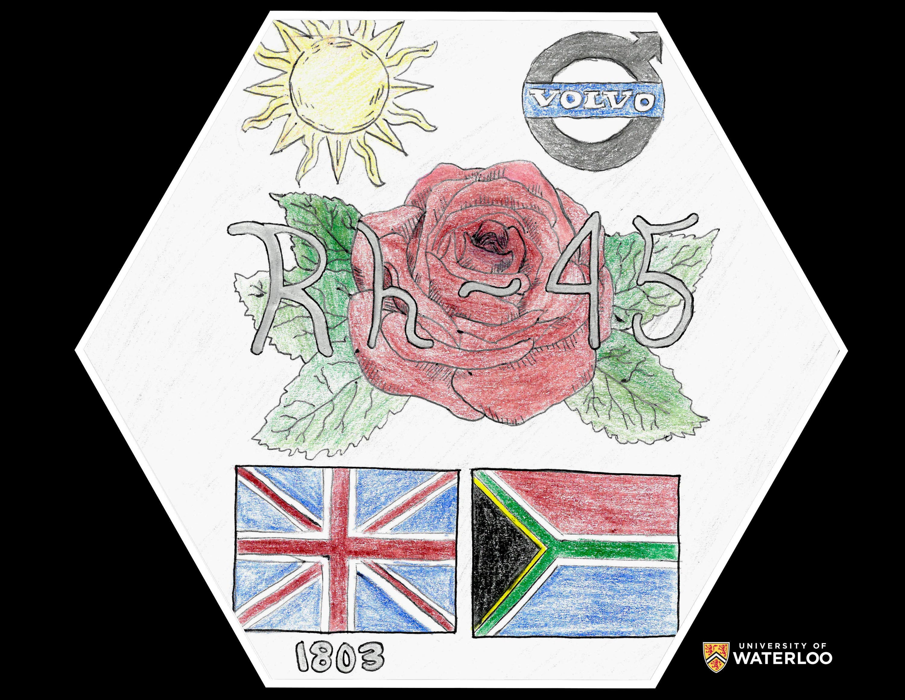 Coloured pencil and ink on white paper. Chemical symbol “Rh – 45” illustrated in silver over top of a large red rose. Above a sun and the logo for Volvo. Bottom are the British and the South African flags with the year “1803”.