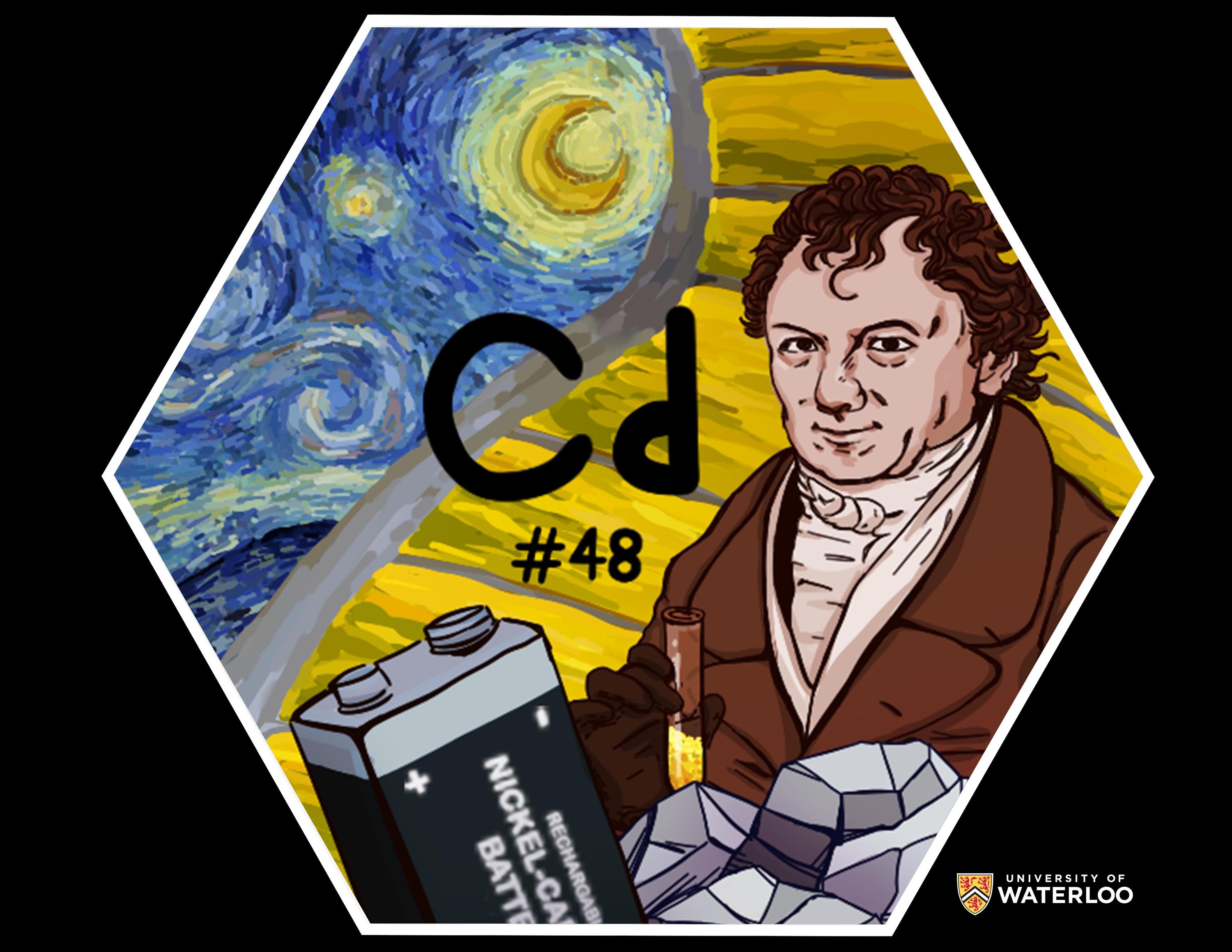Digital composite. Chemical symbol “Cd” and “#48” appear centre. To the right, a portrait of Friedrich Stromeyer holding a yellow test tube in front of a yellow background. Left is a section of Vincent Van Gogh’s painting “Starry Night”. Bottom are a rechargeable nickel-cadmium battery and rocks containing cadmium.