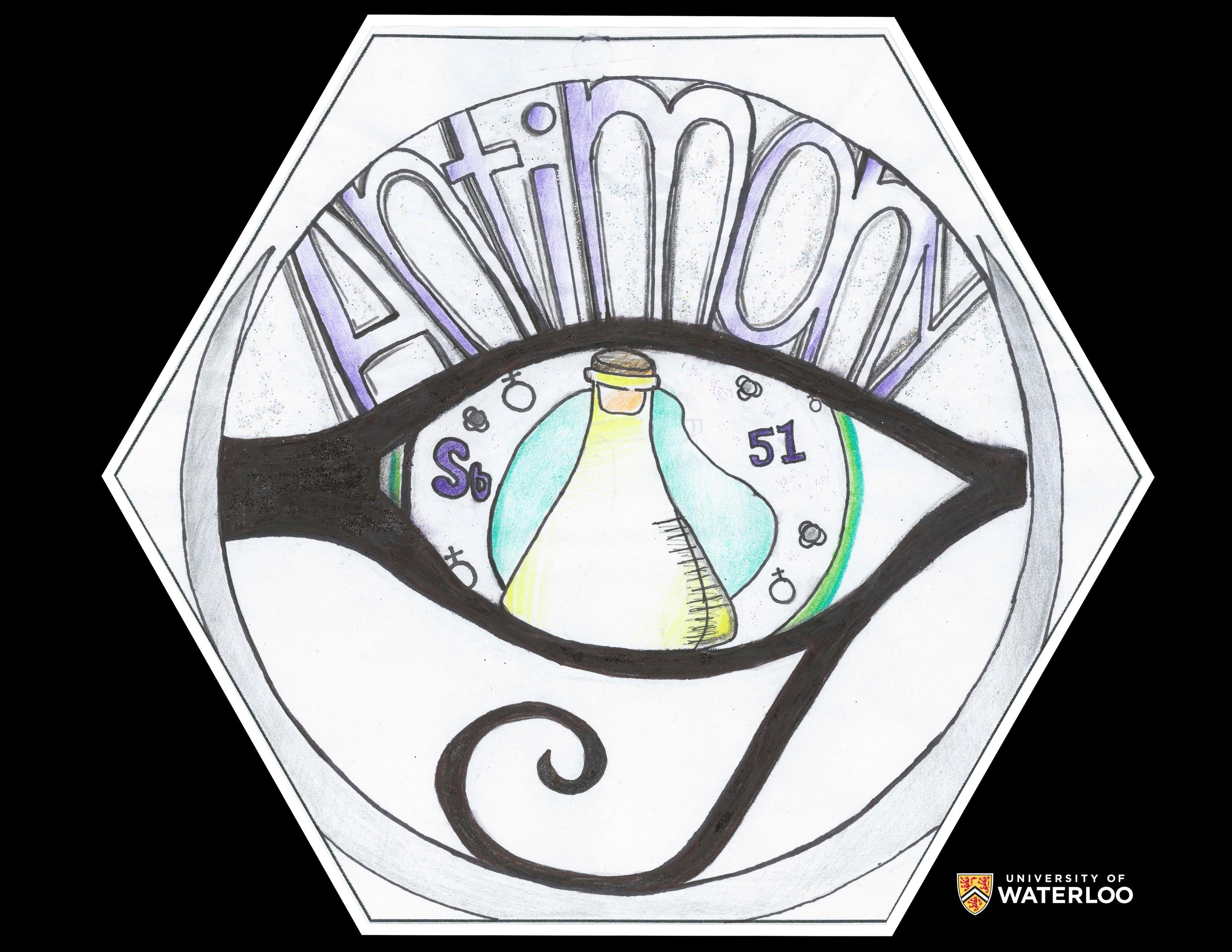 Coloured pencil and ink on white paper. A large Egyptian eye outlined in decorative black eyeliner dominates the tile. “Antimony” appears in purple lettering across the eyelid. Chemical symbol “Sb” and “51” appear in the eye along with an Erlenmeyer flask