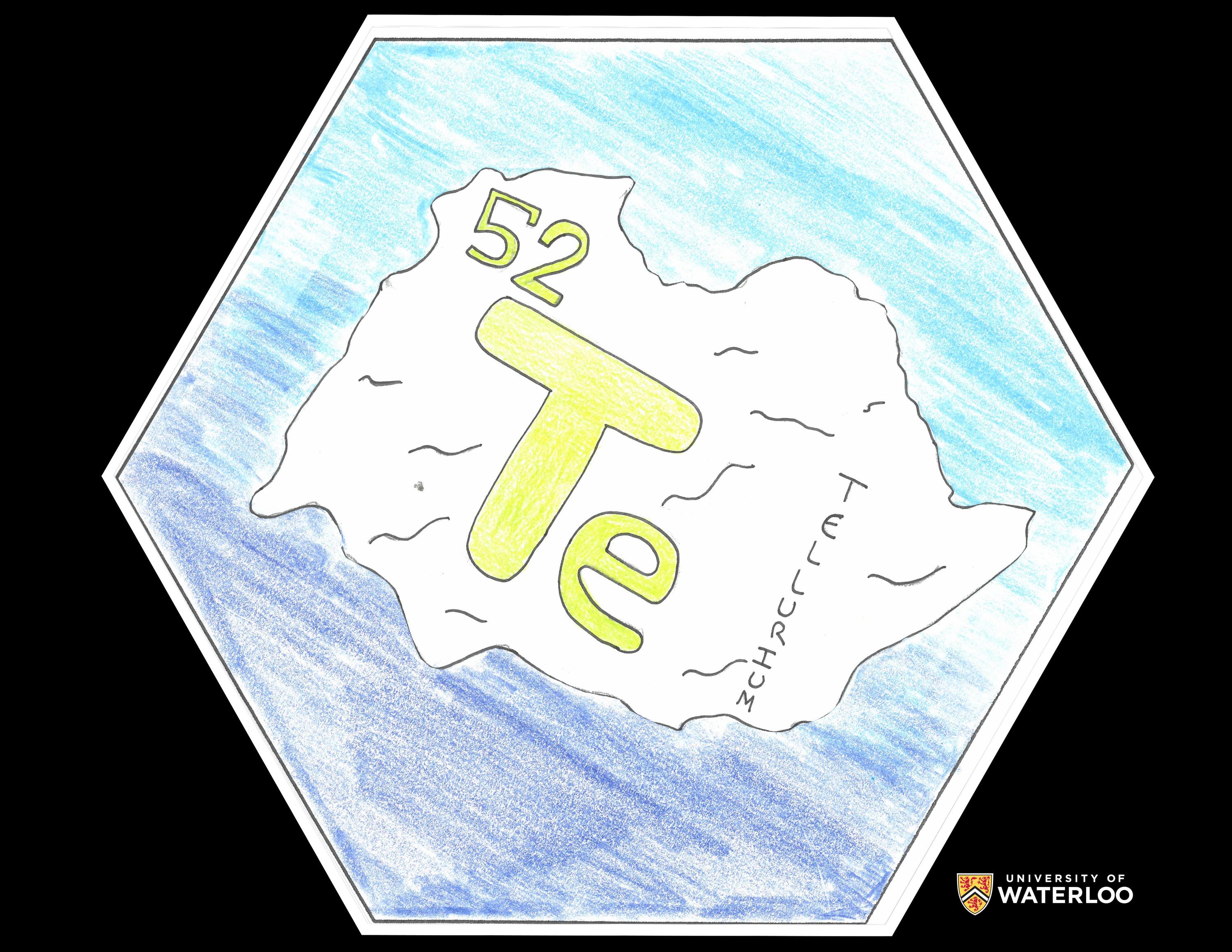 Coloured pencil and ink on white paper. Chemical symbol “Te” and atomic number “52” in yellow lettering appear with “Tellurium” over a picture of what the element tellurium looks like.