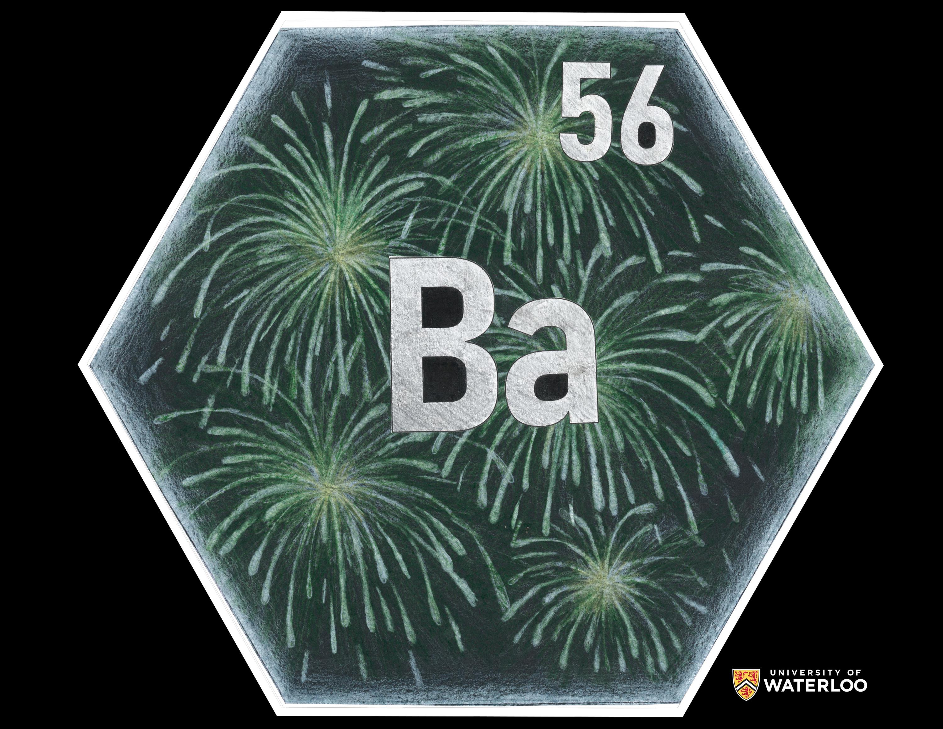 Collage with coloured pencil illustrations on black background. Chemical symbol “Ba” and atomic number “56” are centre. In the background are green and white fireworks.