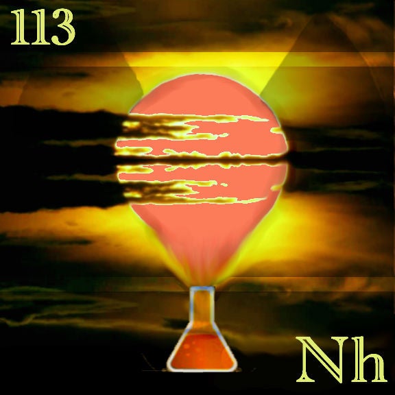 elemental tile of nihonium in digital art with a orange sunset coming of an Erlenmeyer flask 