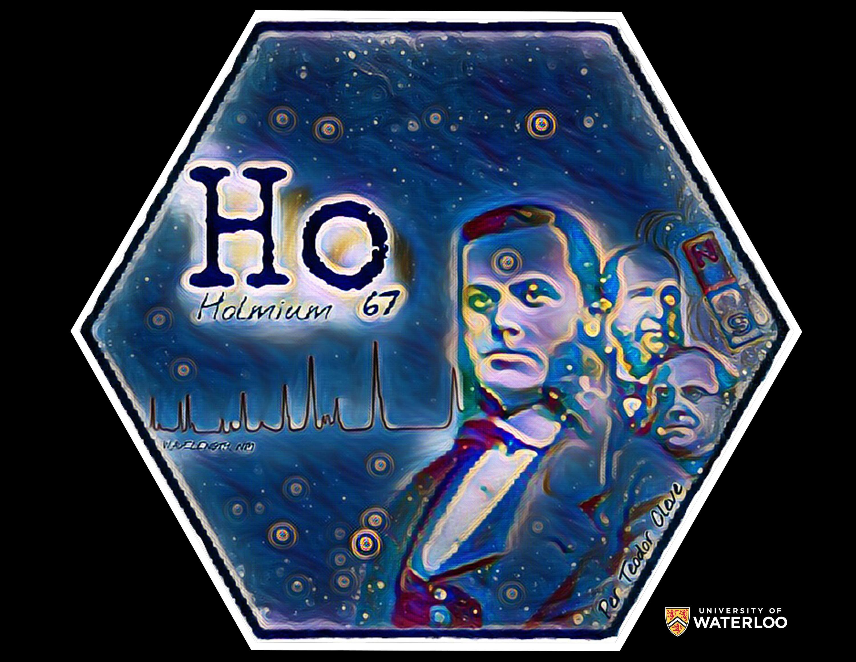Acrylic on dark blue background. In the upper left corner, chemical symbol “Ho”, “Holmium”, and atomic number “67” highlighted in white. An absorption spectra of the element across the centre leads to a composite portrait of Swidish Per Teodor Cleve and two other chemists. Behind them is a magnet with magnetic field lines. Miniature atomic Bohr models in white and yellow appear like bubbles across the tile.