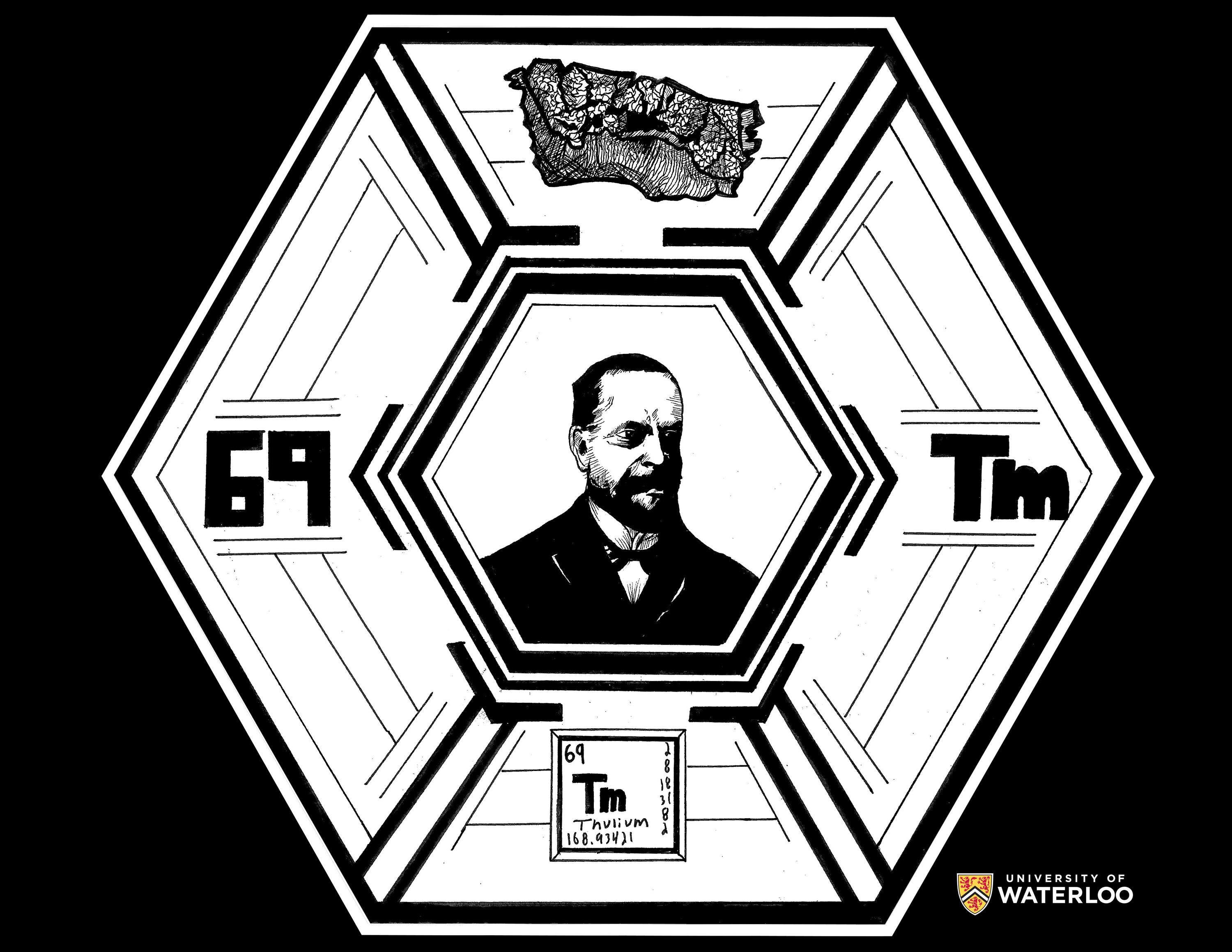 Pen and ink on white paper. Per Teodor Cleve appears centre within a black and white futuristic hexagon frame. To the right is the chemical symbol “Tm”; left is the atomic number “69”. Above is a drawing of thulium; below is the periodic table tile of thulium which includes “69”, “Tm”, “Thulium”, “168.93421”, and the numbers “2, 8, 18, 31, 8, 2”.