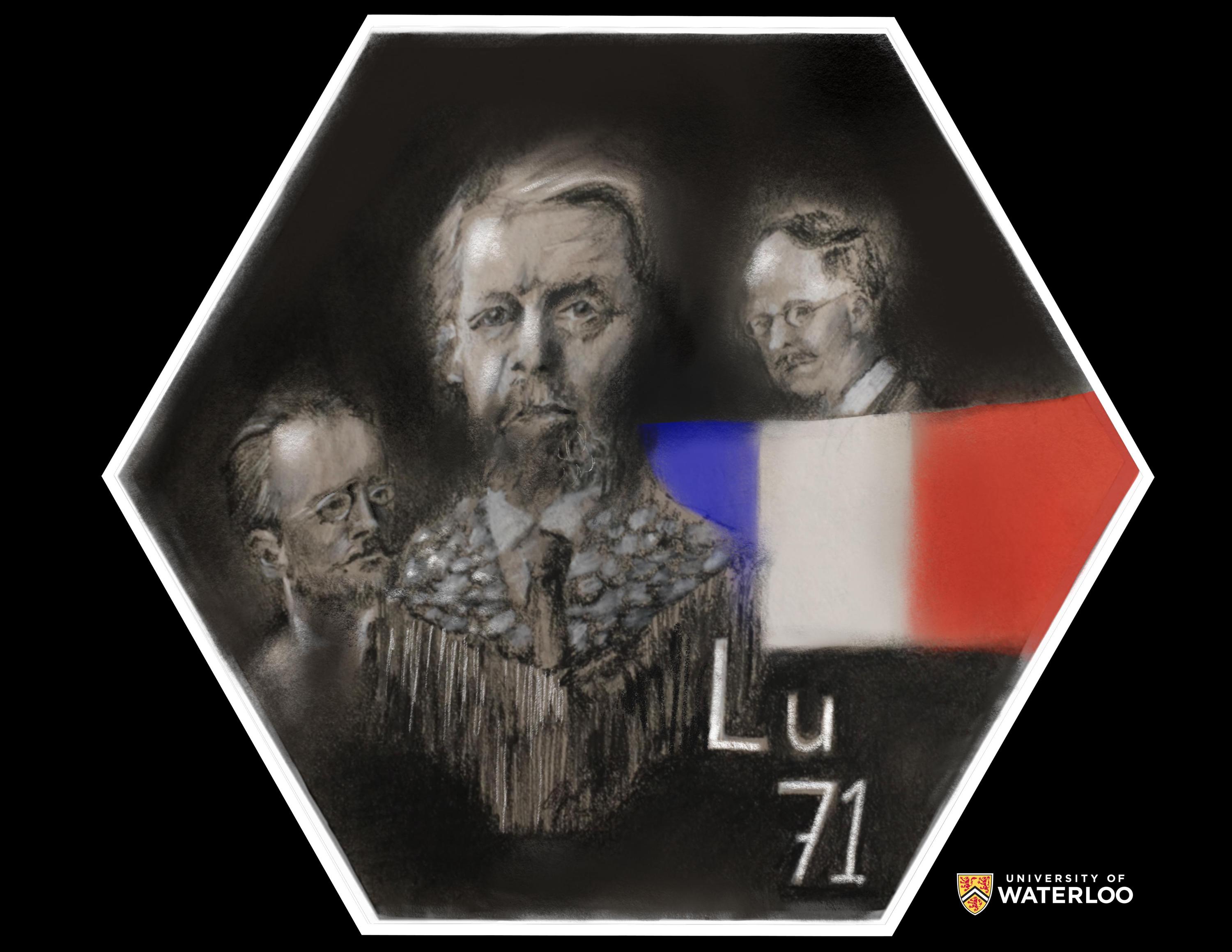 Charcoal on black paper. Portraits of Georges Urbain (centre foreground), and Karl Auer and Charles James (both in the background). To the right a French flag. In the lower right corner, the chemical symbol “Lu” and atomic number “71”.