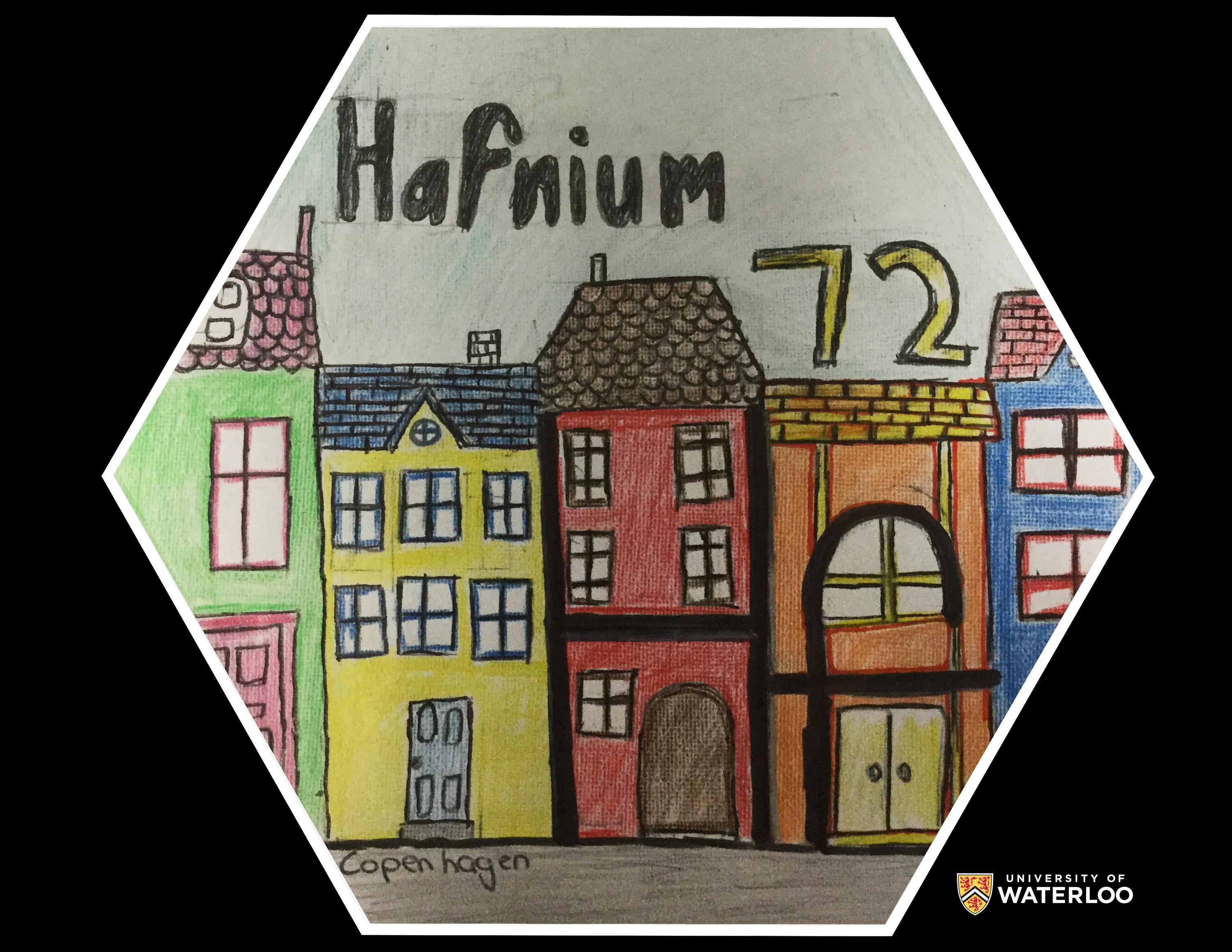 Coloured pencil on paper. A series of traditional row houses in Copenhagen. Above them, “Hafnium” and the atomic number “72”.
