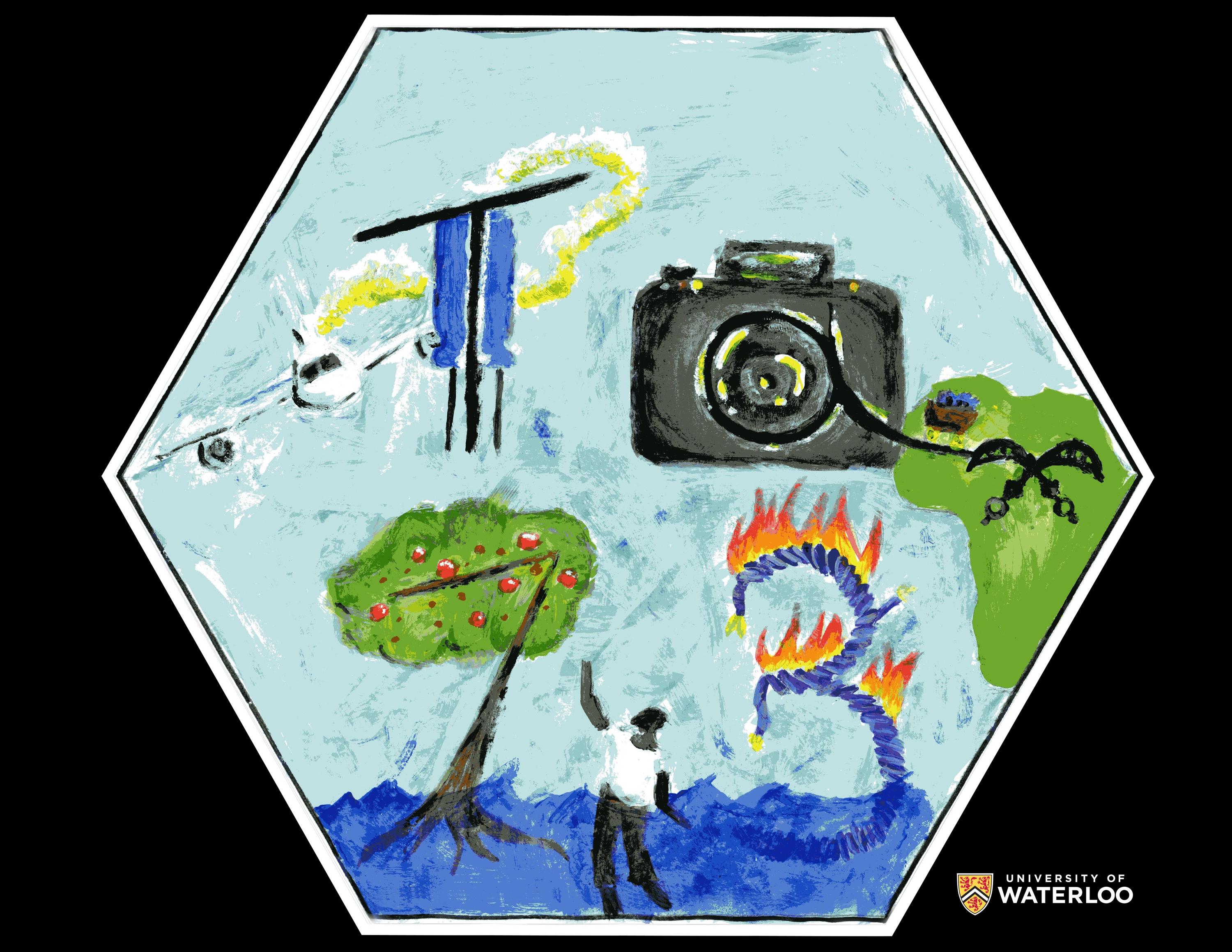 Acrylic on sky blue background. The chemical symbol “Ta” and atomic number “73” appear as part of some of the images used in the tile. Among the images includes a plane, a capacity, a camera, an apple tree with a human figure pointing to it, wire covered in fire, and the continent of Africa with two swords in the middle.